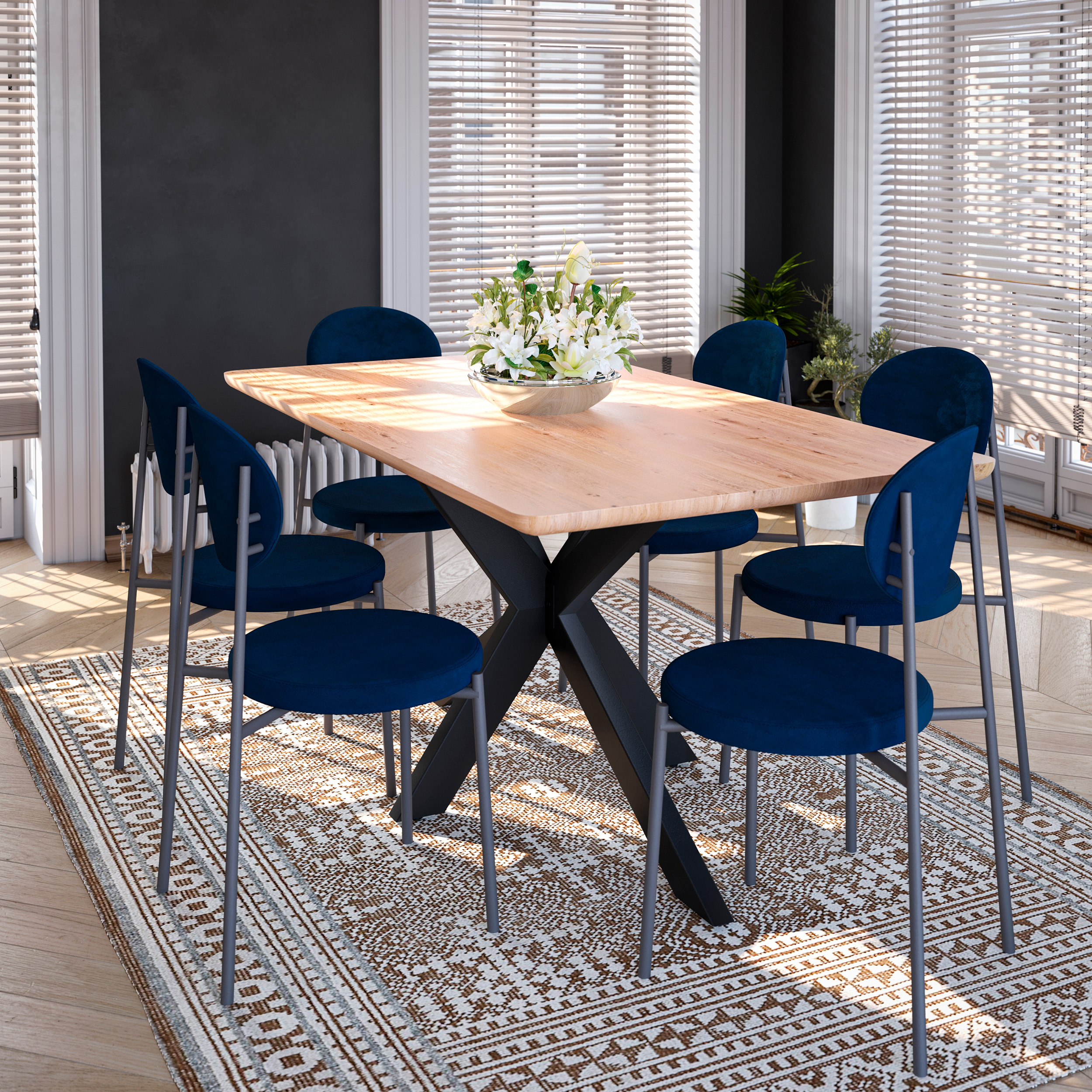 LeisureMod Euston Modern Velvet Dining Chair With Gray Steel Frame (Set Of 4) - Navy Blue