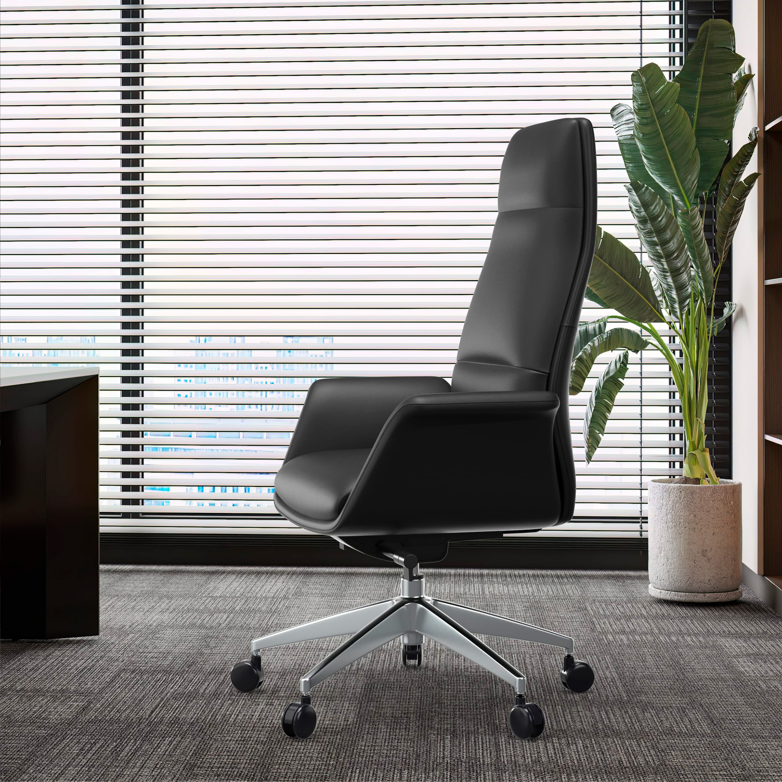LeisureMod Summit Mid-Century Modern High-Back Conference Office Chair with Aluminum Frame - Black