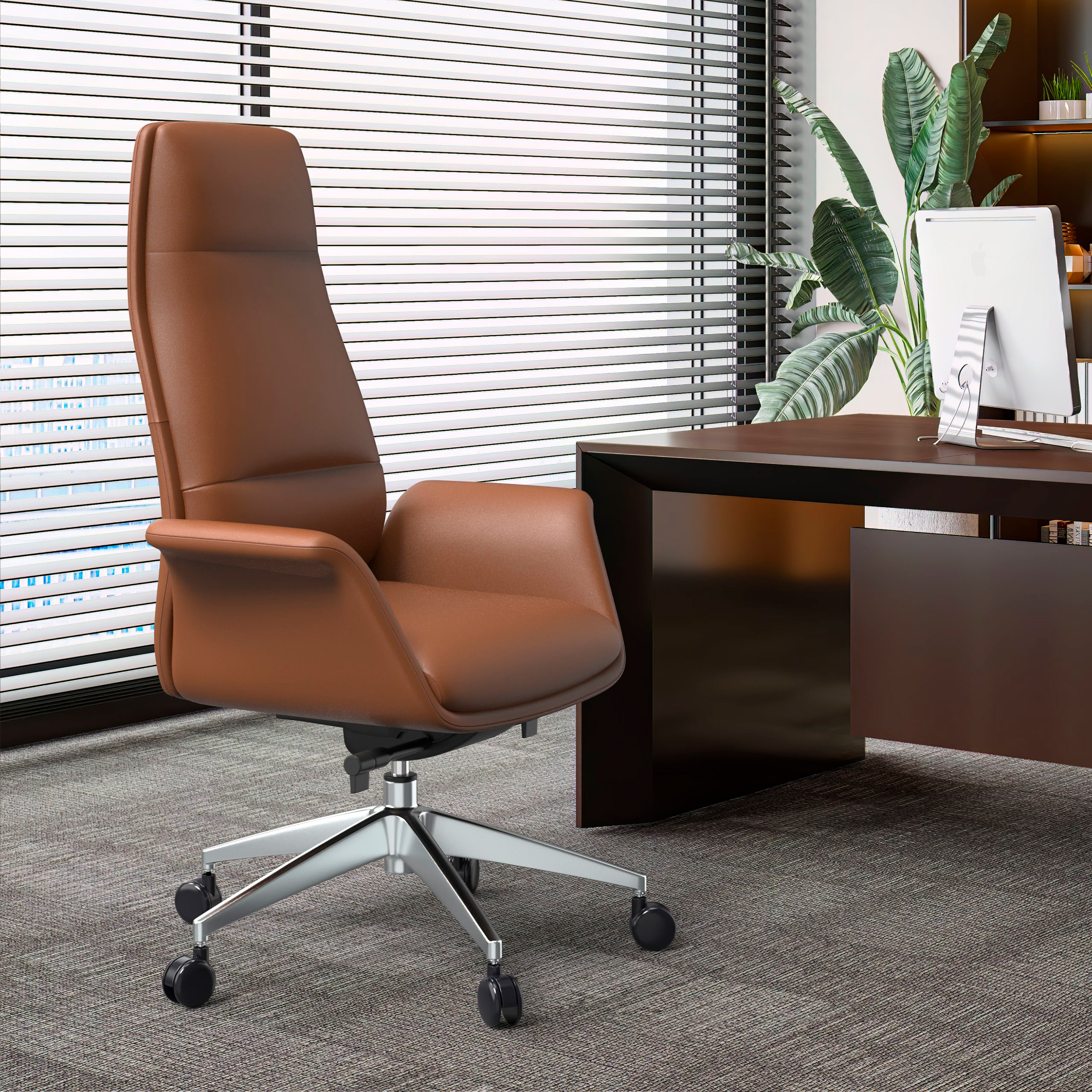 LeisureMod Summit Mid-Century Modern High-Back Conference Office Chair with Aluminum Frame - Dark Brown