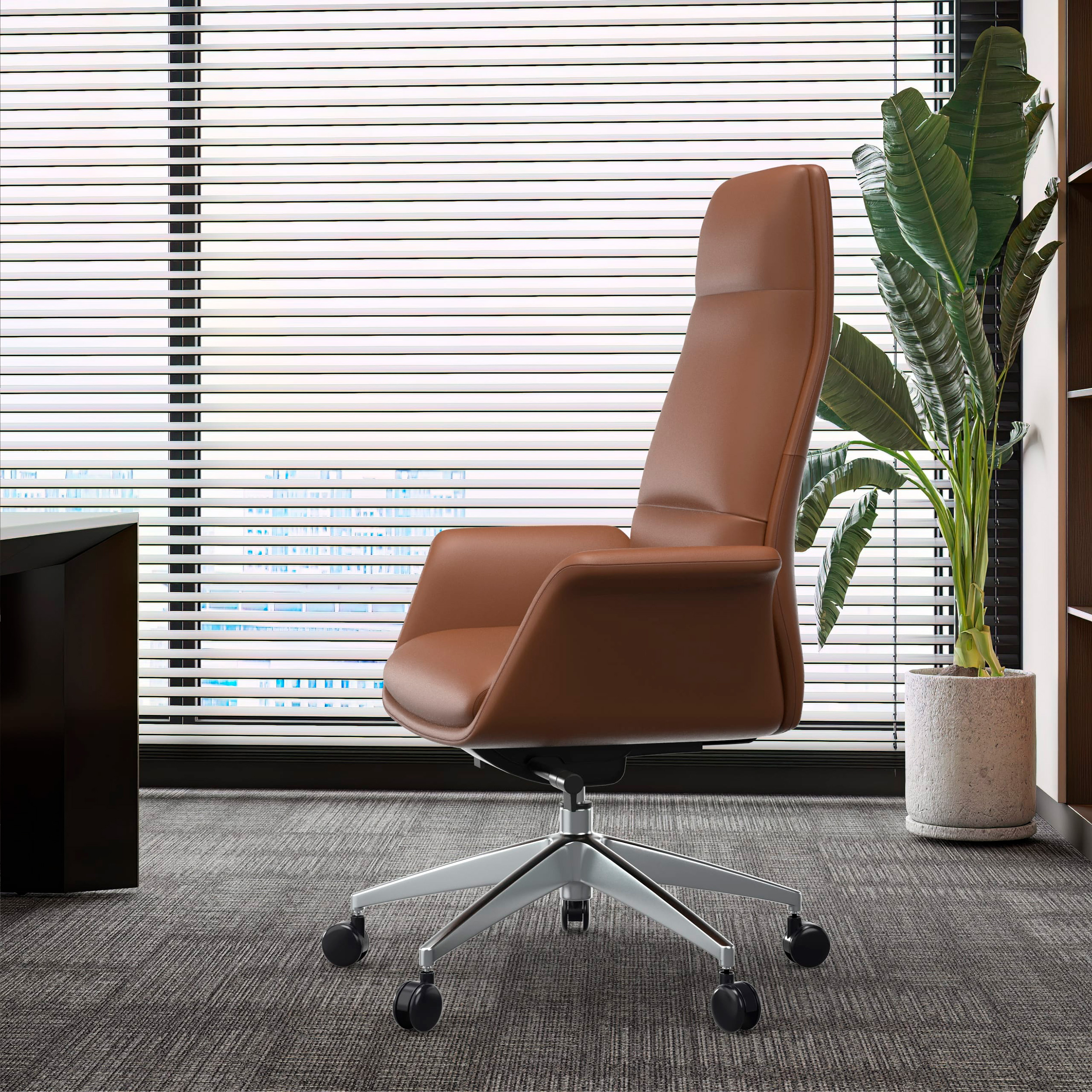 LeisureMod Summit Mid-Century Modern High-Back Conference Office Chair with Aluminum Frame - Dark Brown