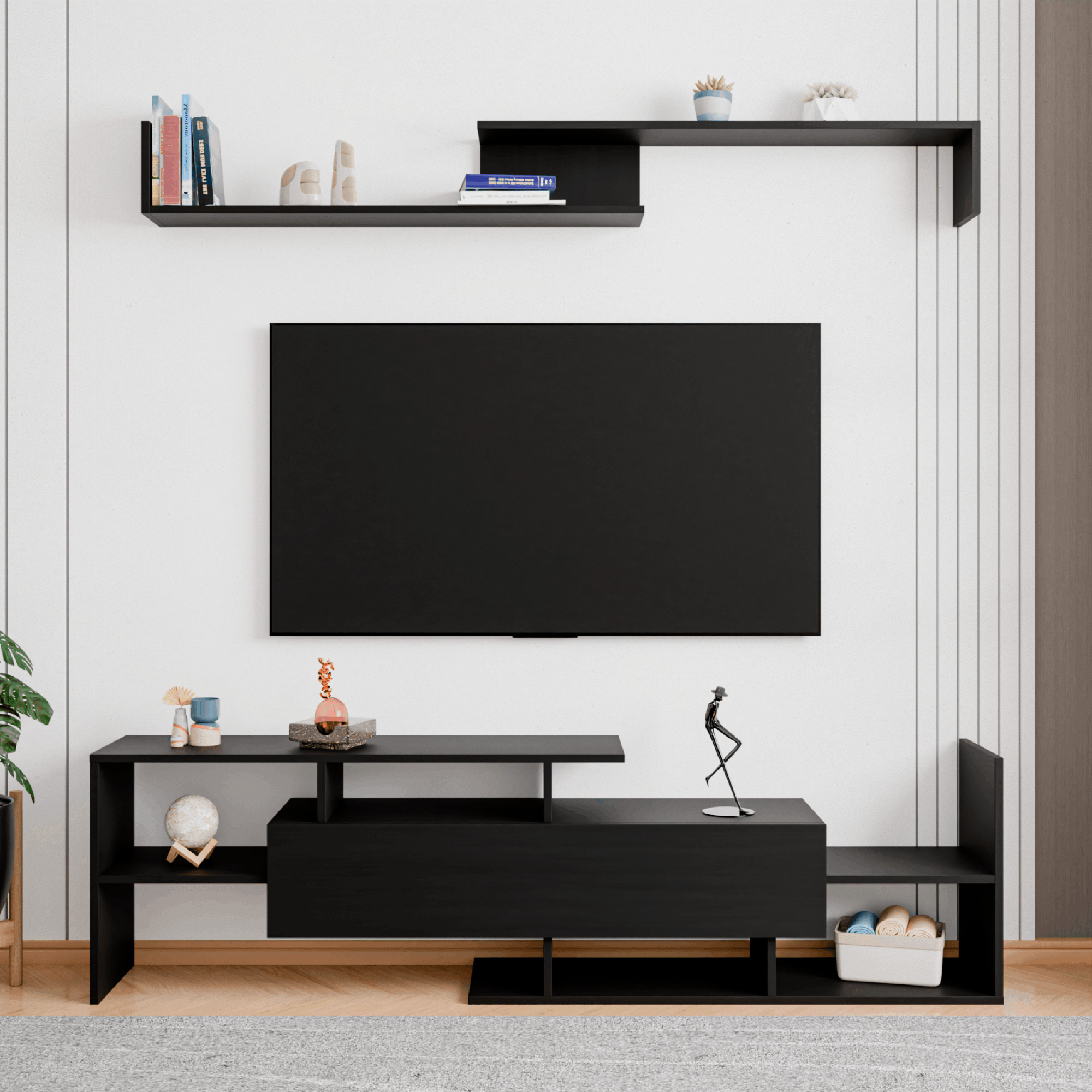 LeisureMod - Surrey Modern TV Stand with MDF Shelves and Bookcase