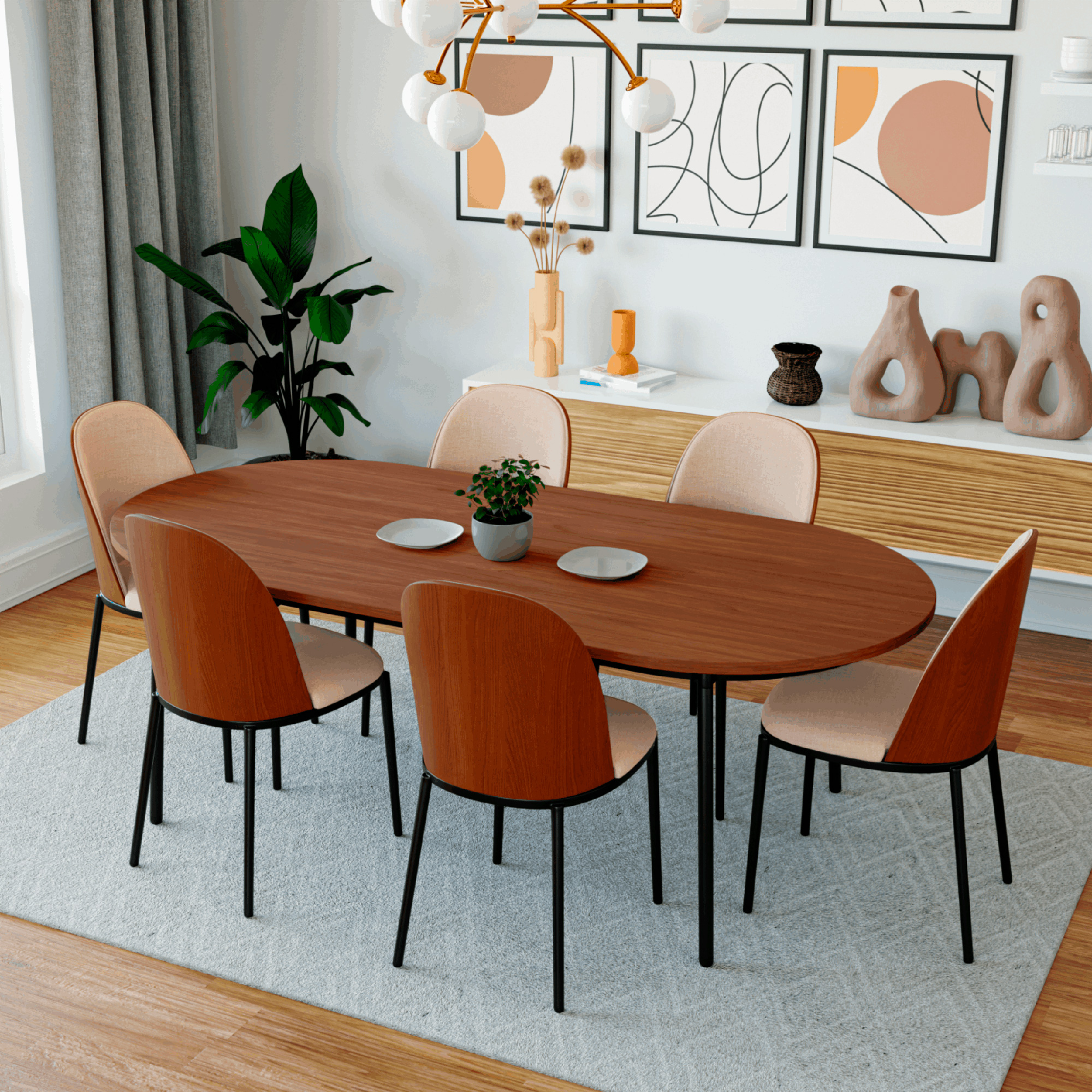 LeisureMod - Tule Mid-Century Modern Dining Side Chair with Powder-Coated Steel Frame