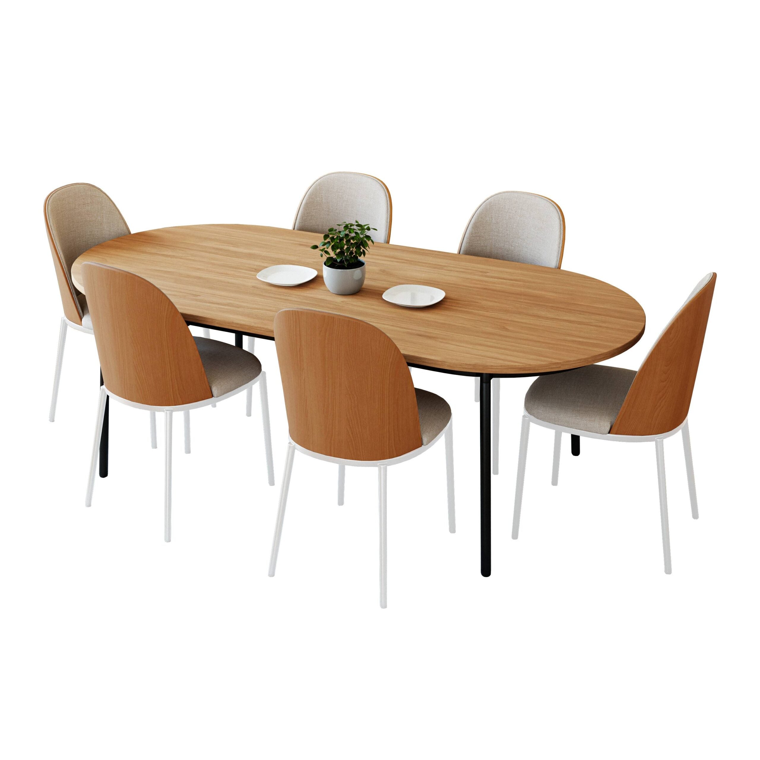 LeisureMod - Tule 7-Piece Dining Set in White Steel Frame with 6 Dining Chairs and 71" Oval Dining Table with MDF Top