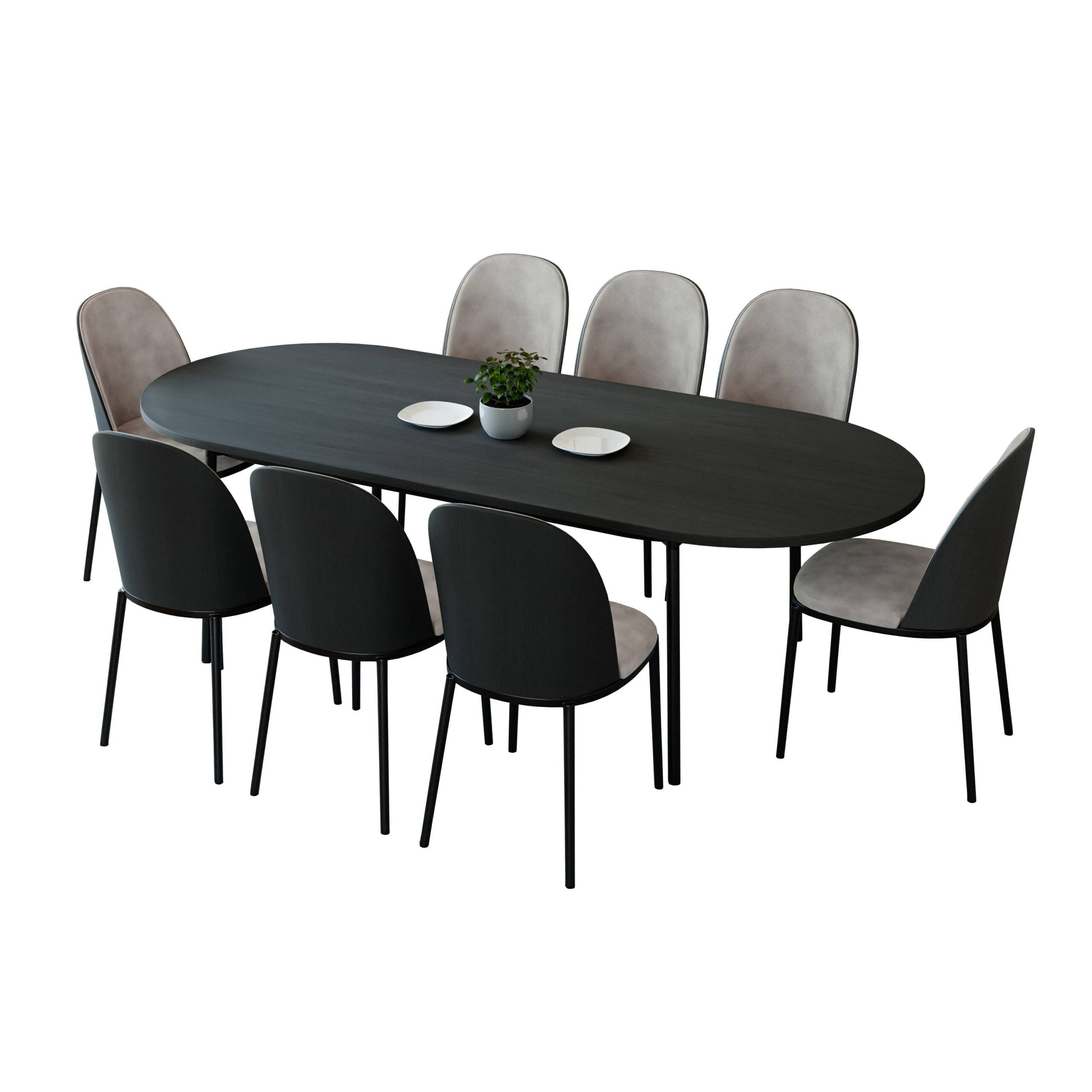 LeisureMod - Tule 9-Piece Dining Set in Steel Frame with 8 Dining Chairs and 83" Oval Dining Table with MDF Top