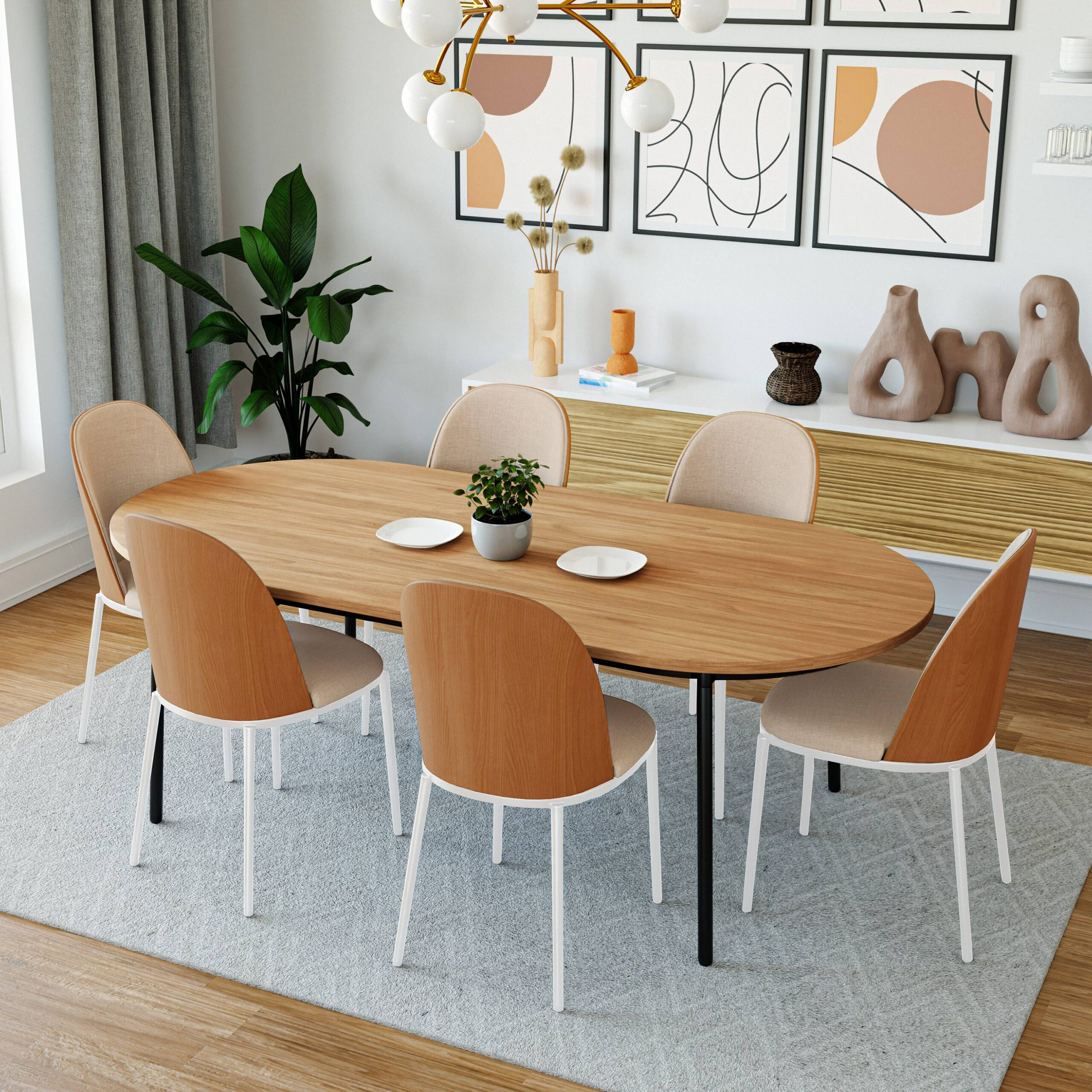 LeisureMod Tule Mid-Century Modern Dining Side Chair with White Powder-Coated Steel Frame - Natural Wood/Brown