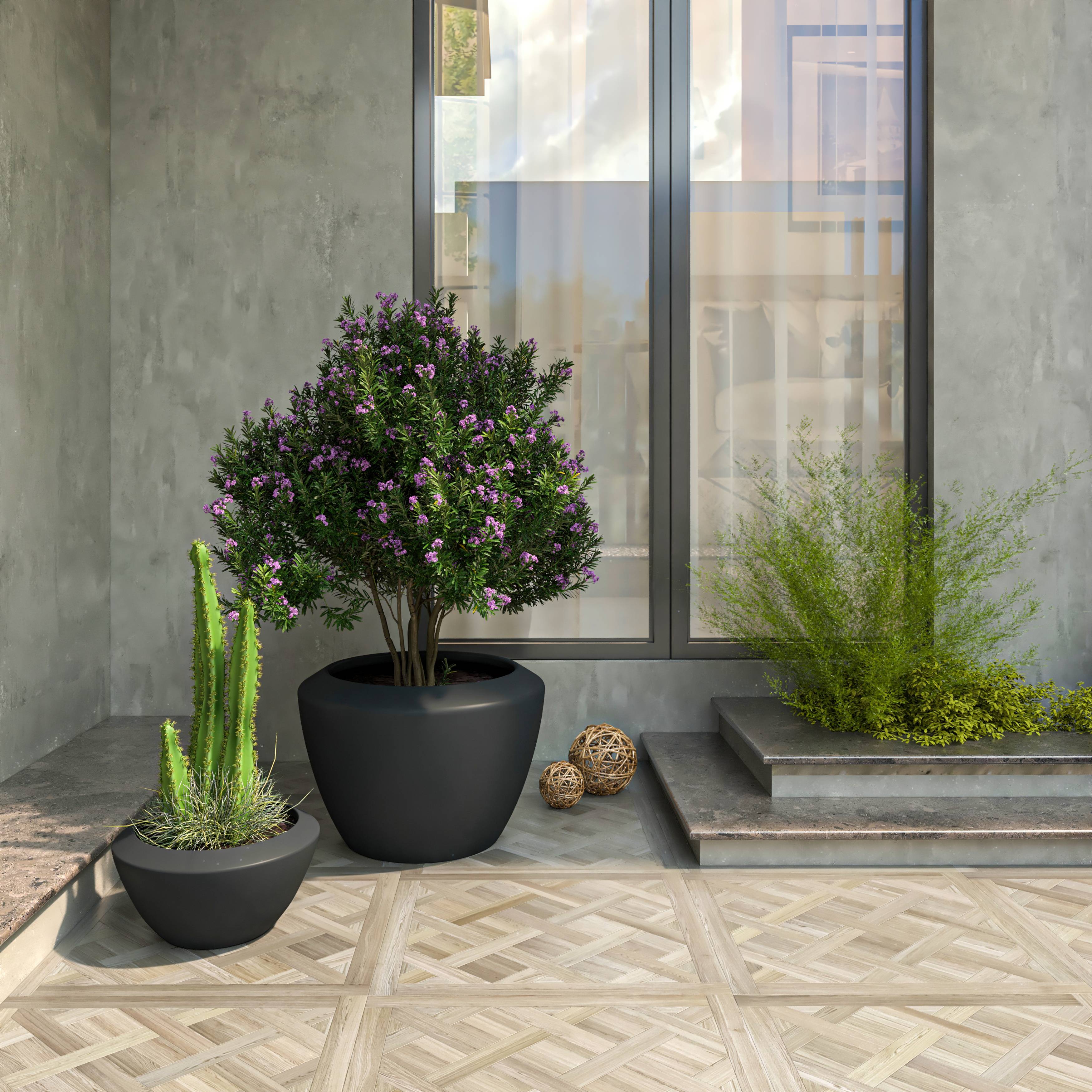 LeisureMod - Vessel Modern Round Planters Pot in Fiberstone and Clay (Set of 2) in Black