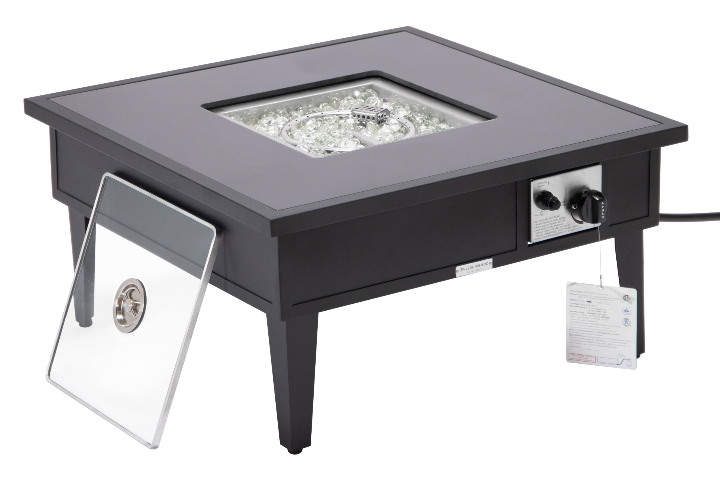LeisureMod Walbrooke Modern Outdoor Square Fire Pit Table with Powder-Coated Aluminum Frame - Black