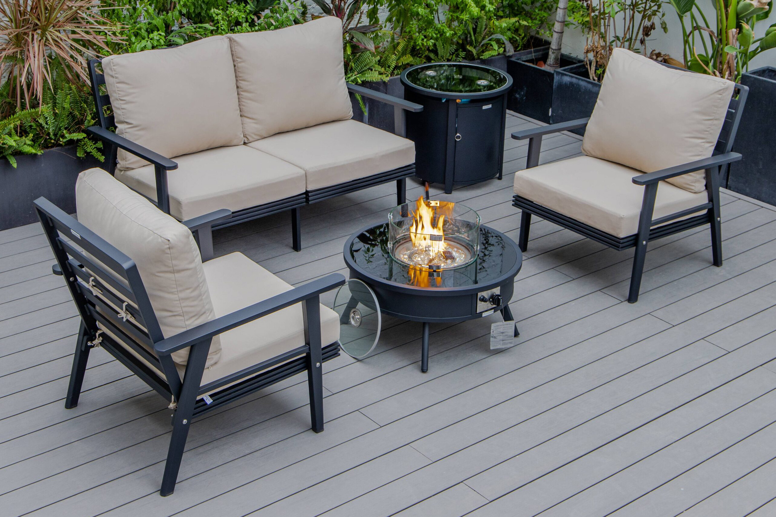 LeisureMod - Walbrooke Modern Black Patio Conversation With Round Fire Pit & Tank Holder