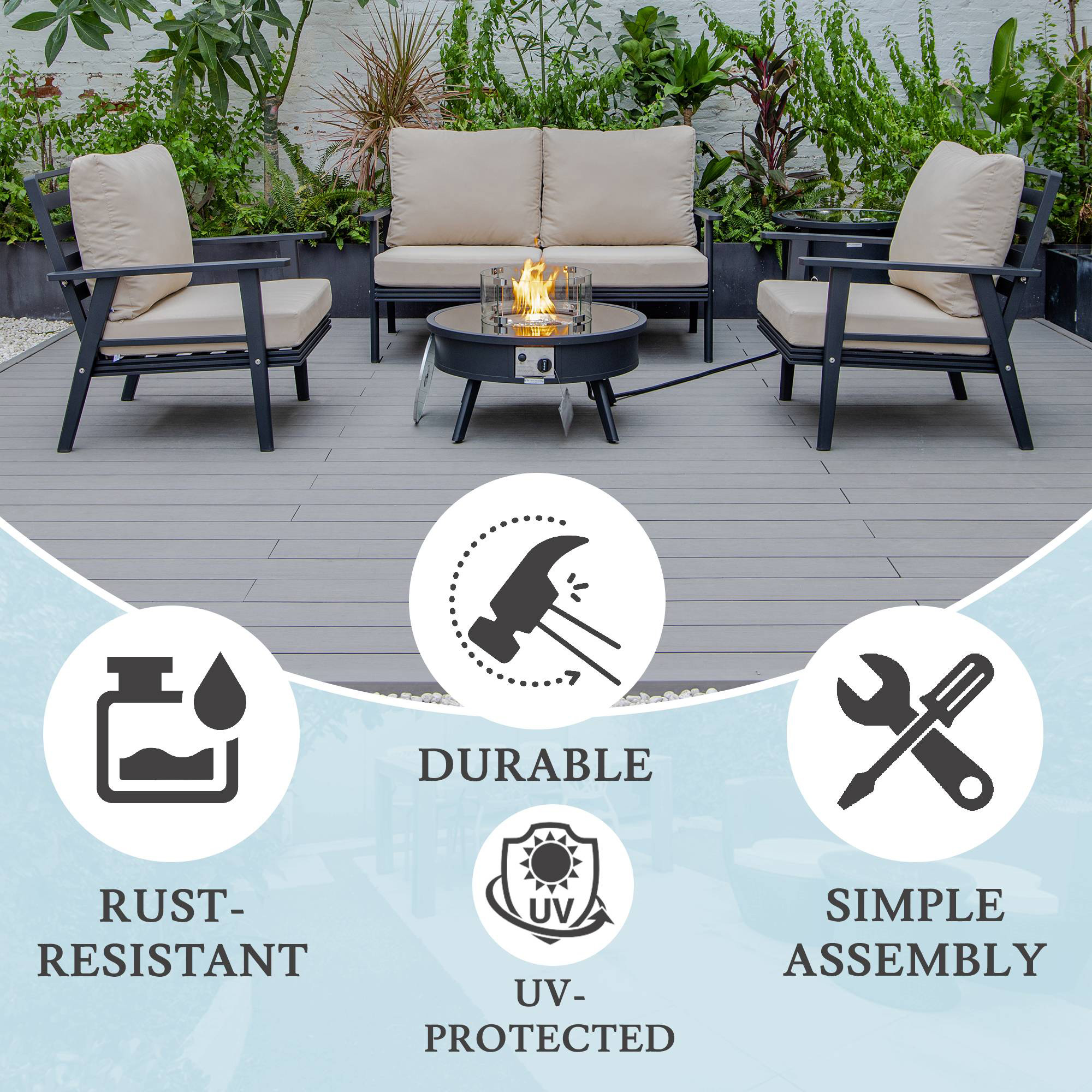 LeisureMod Walbrooke Modern Black Patio Conversation With Round Fire Pit & Tank Holder - Beige