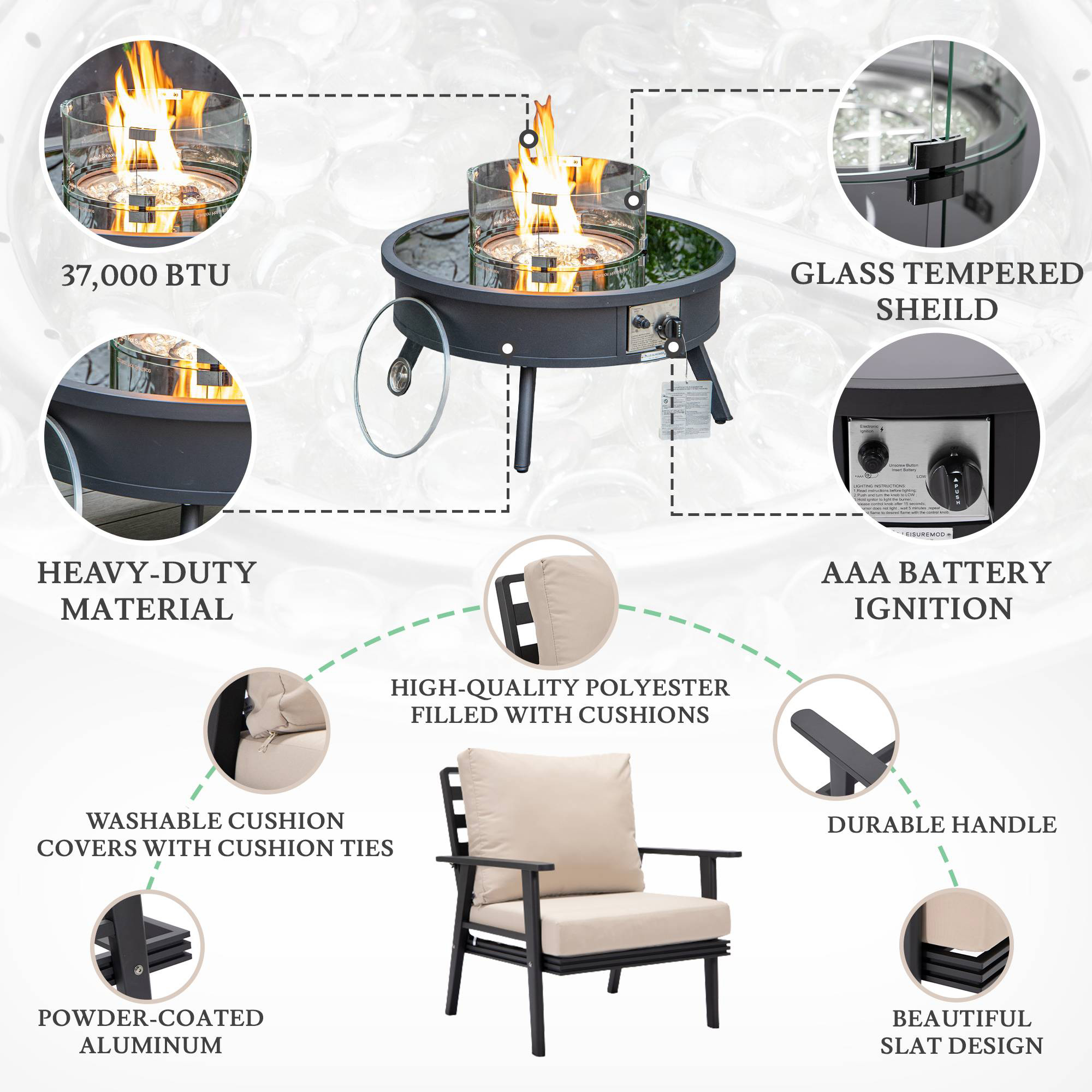 LeisureMod Walbrooke Modern Black Patio Conversation With Round Fire Pit & Tank Holder - Beige