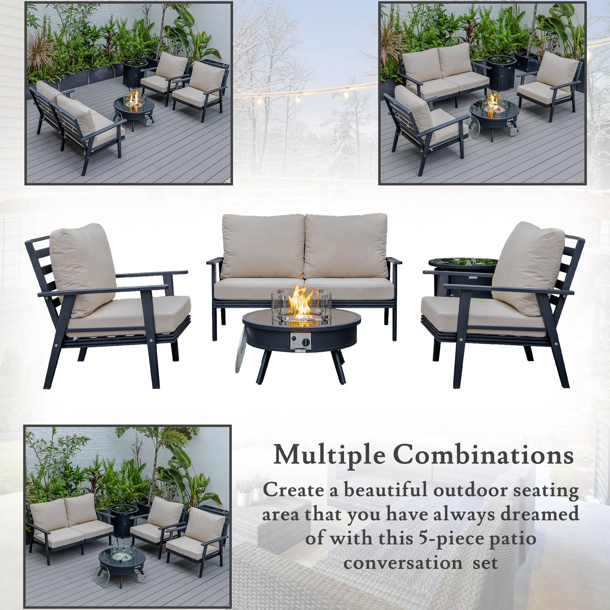 LeisureMod Walbrooke Modern Black Patio Conversation With Round Fire Pit & Tank Holder - Beige