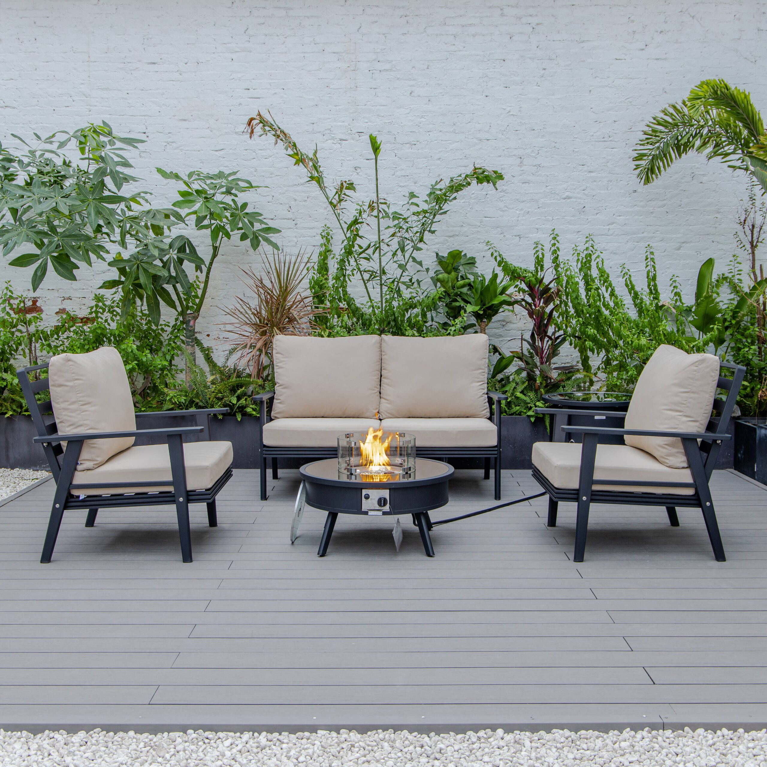LeisureMod Walbrooke Modern Black Patio Conversation With Round Fire Pit & Tank Holder - Beige