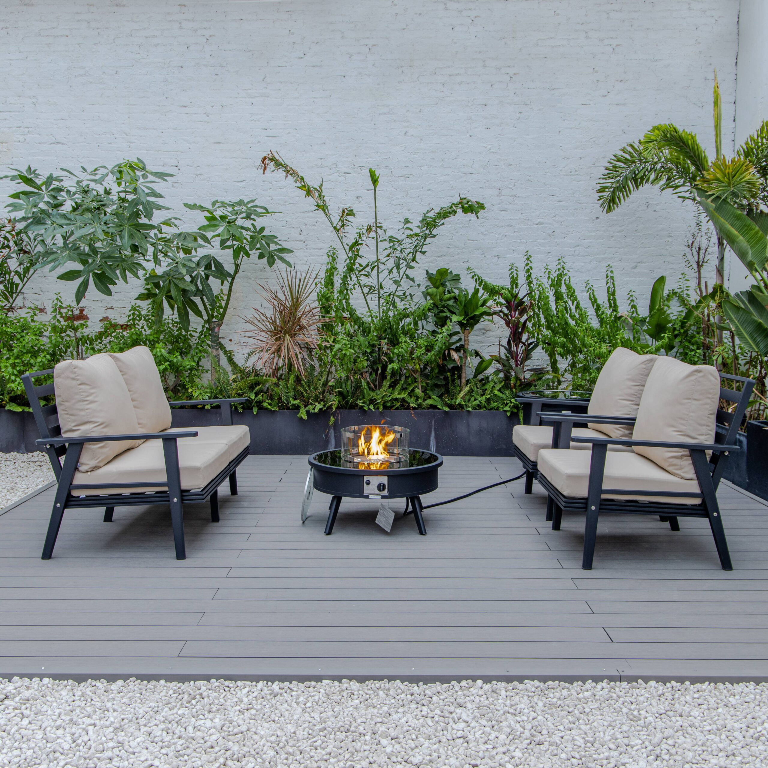 LeisureMod Walbrooke Modern Black Patio Conversation With Round Fire Pit & Tank Holder - Beige
