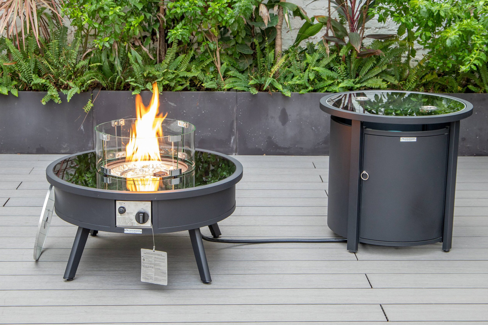 LeisureMod Walbrooke Modern Black Patio Conversation With Round Fire Pit & Tank Holder - Beige