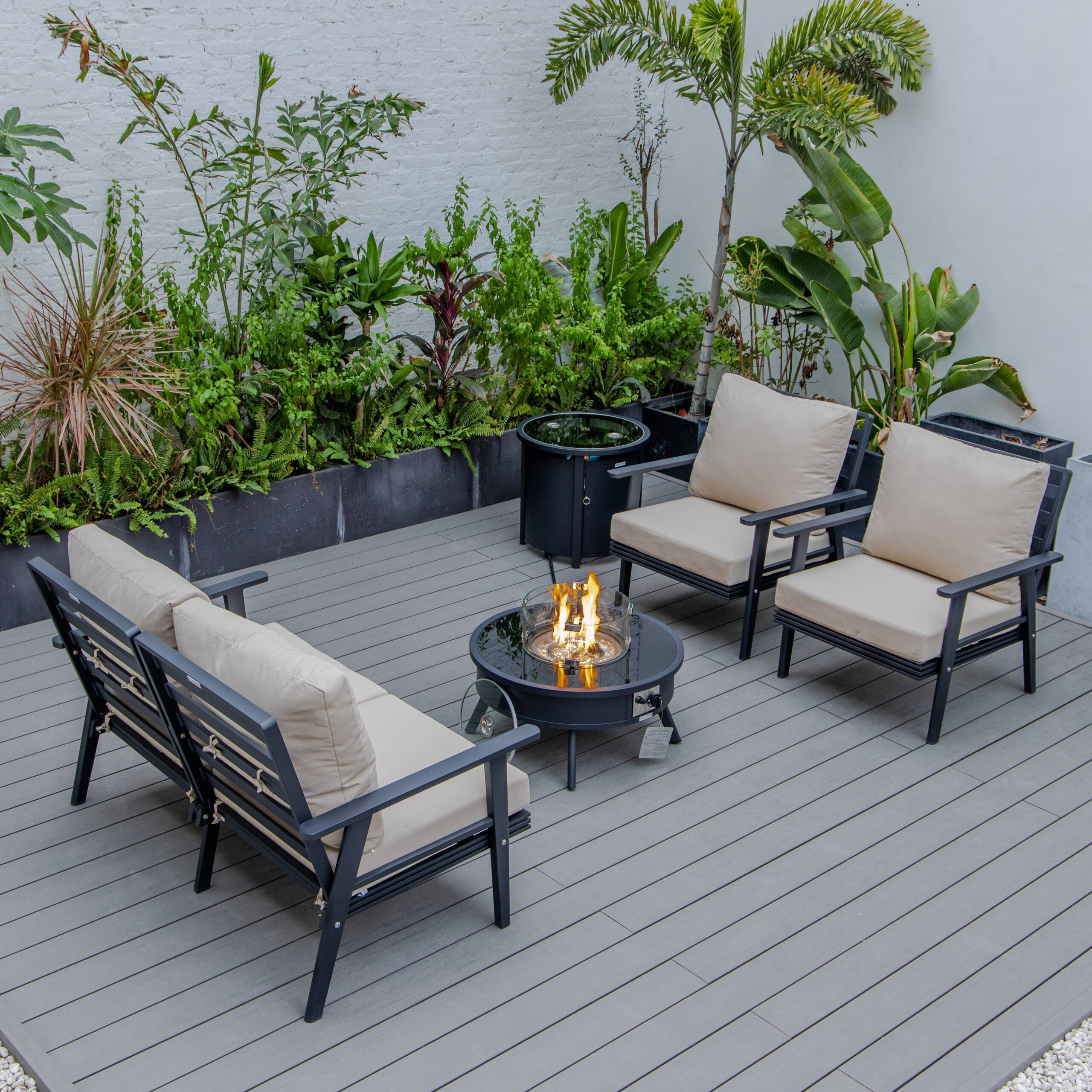 LeisureMod Walbrooke Modern Black Patio Conversation With Round Fire Pit & Tank Holder - Beige