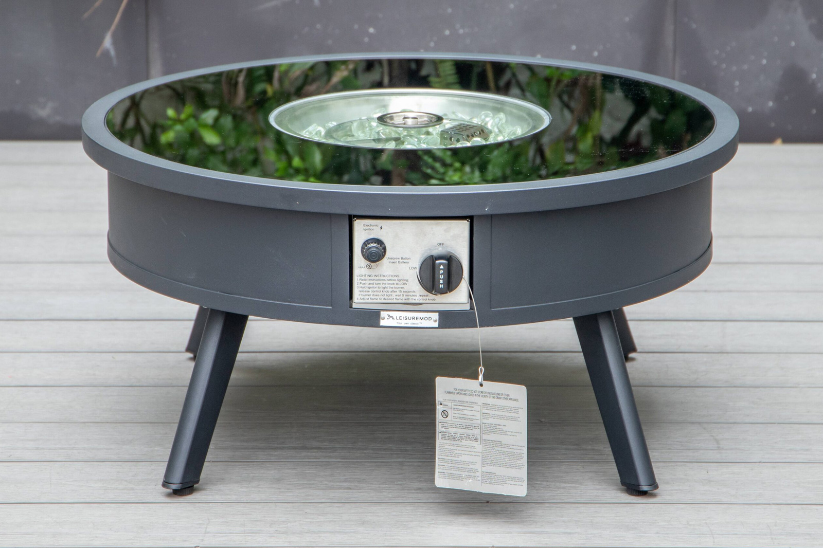 LeisureMod Walbrooke Modern Black Patio Conversation With Round Fire Pit & Tank Holder - Beige