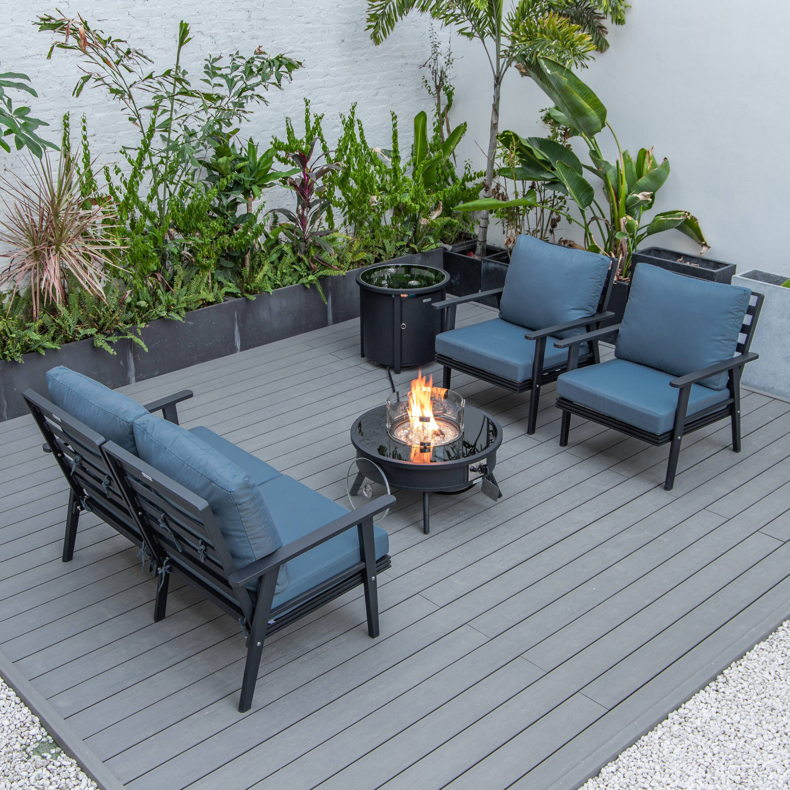 LeisureMod Walbrooke Modern Black Patio Conversation With Round Fire Pit & Tank Holder - Navy Blue