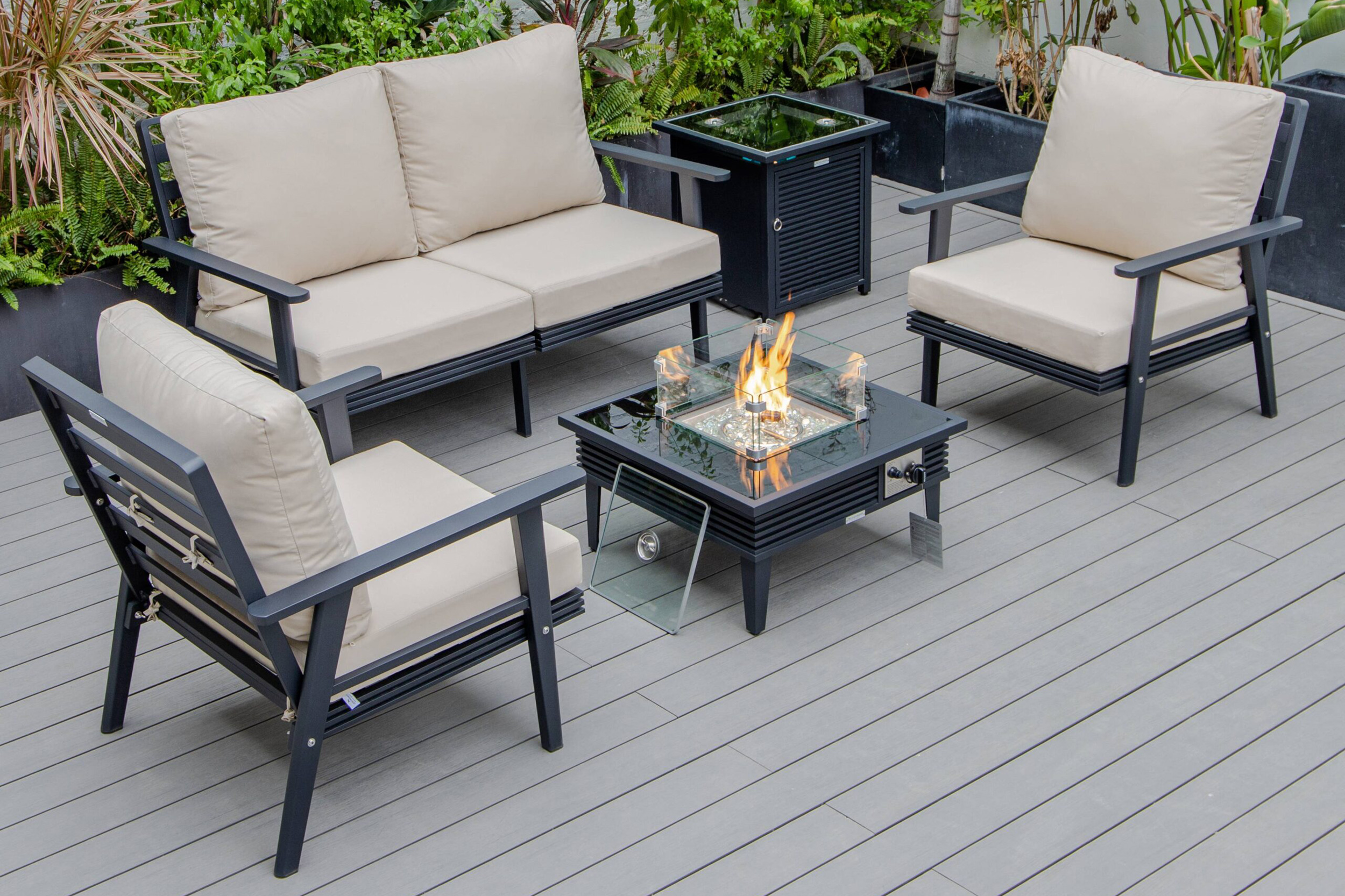 LeisureMod - Walbrooke Modern Black Patio Conversation With Square Fire Pit With Slats Design & Tank Holder