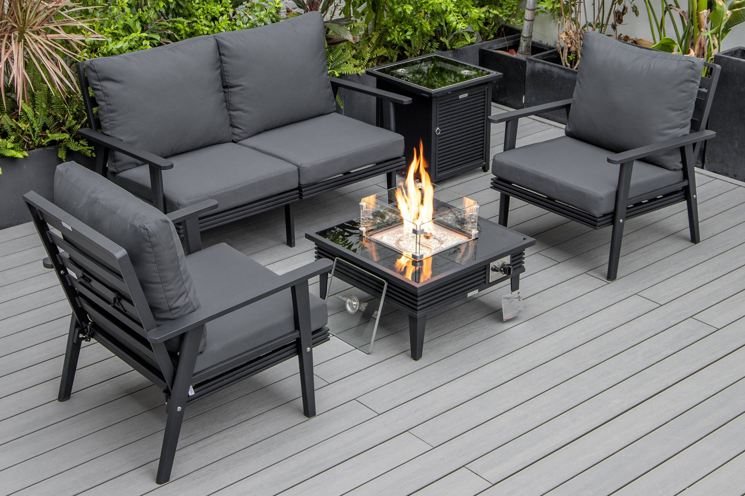 LeisureMod - Walbrooke Modern Black Patio Conversation With Square Fire Pit With Slats Design & Tank Holder