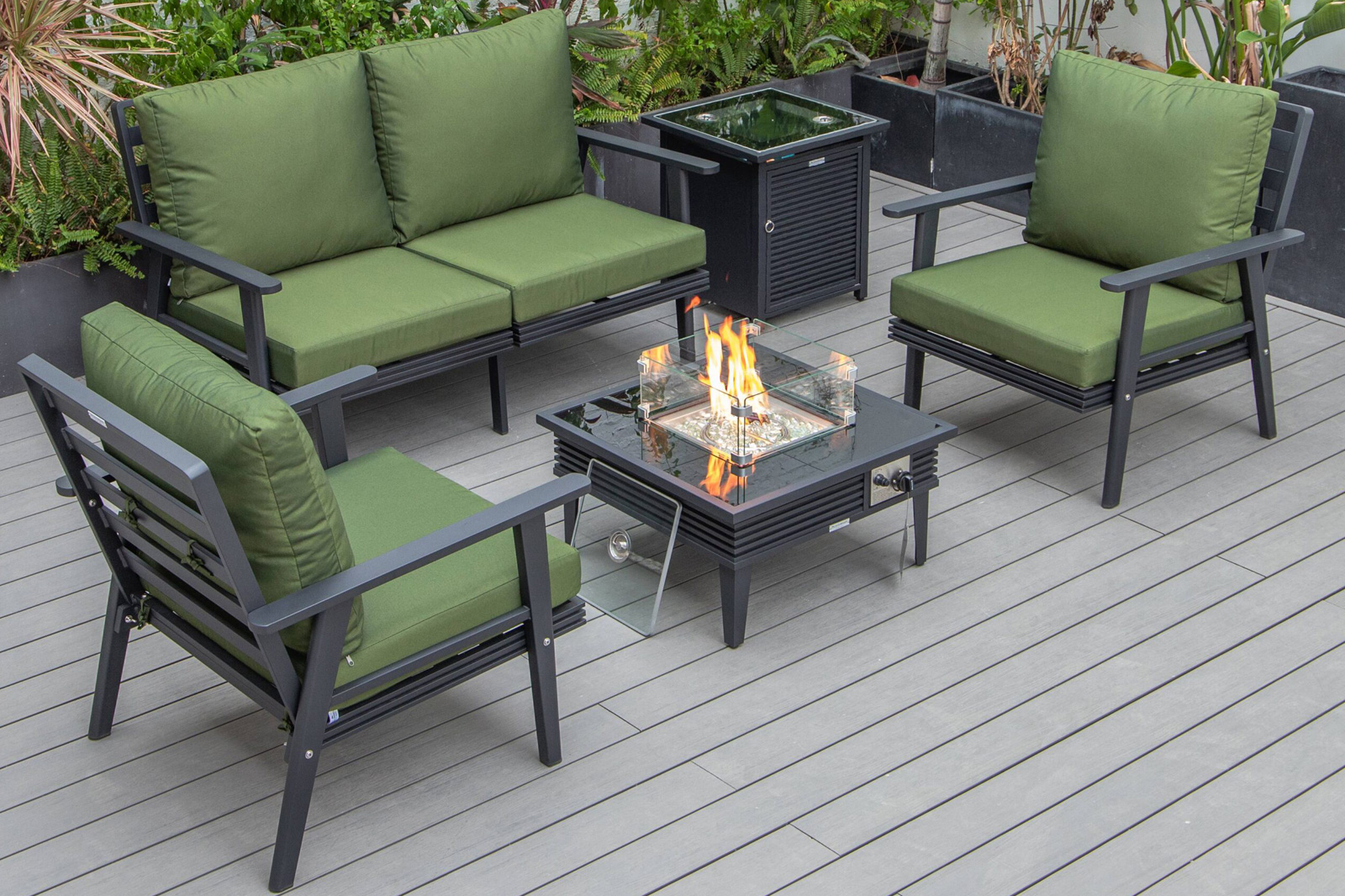 LeisureMod - Walbrooke Modern Black Patio Conversation With Square Fire Pit With Slats Design & Tank Holder