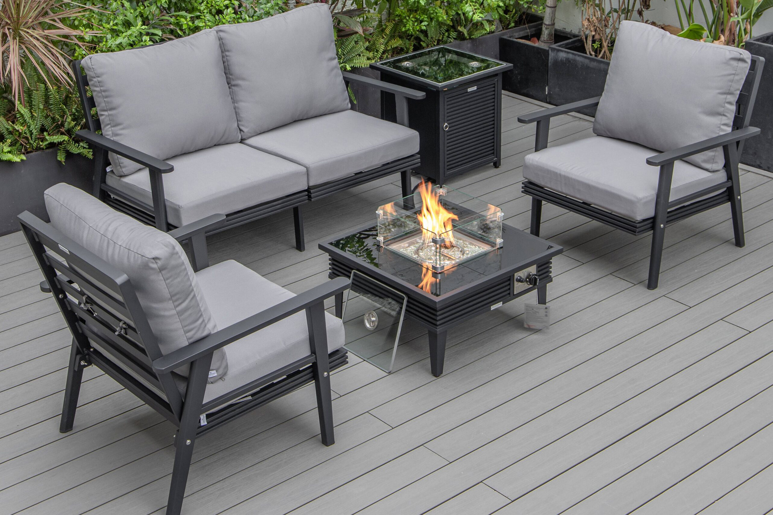 LeisureMod - Walbrooke Modern Black Patio Conversation With Square Fire Pit With Slats Design & Tank Holder