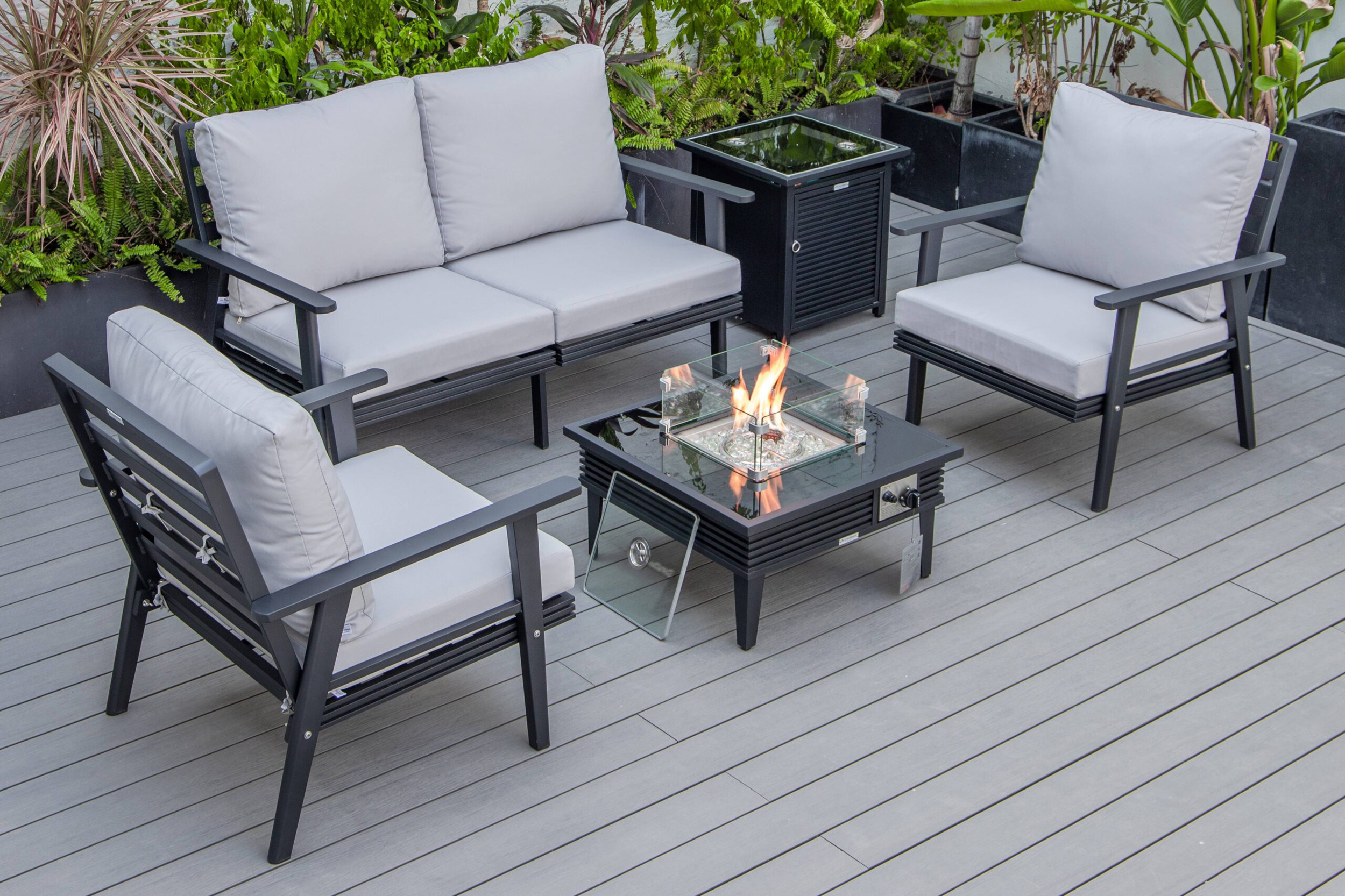 LeisureMod - Walbrooke Modern Black Patio Conversation With Square Fire Pit With Slats Design & Tank Holder