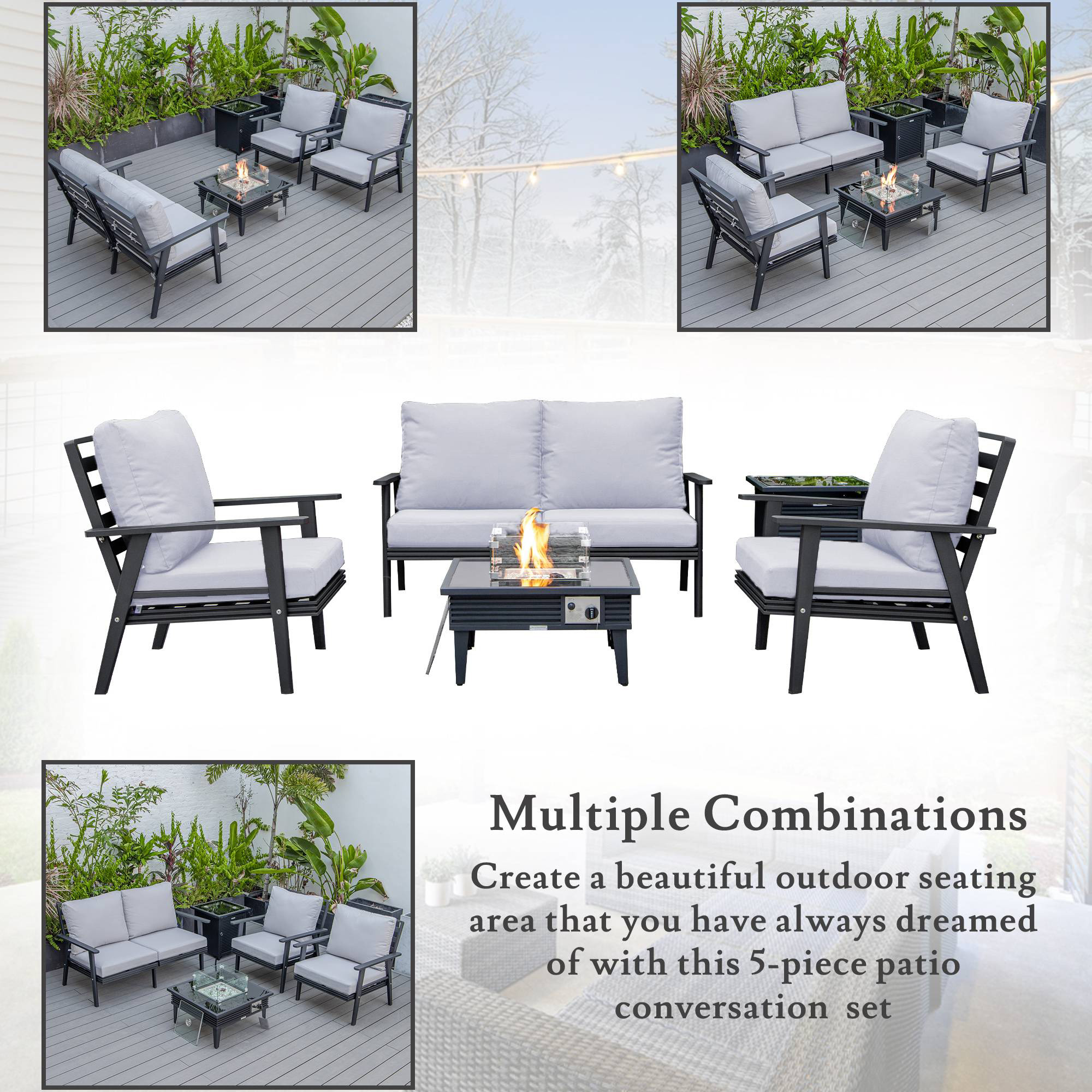 LeisureMod Walbrooke Modern Black Patio Conversation With Square Fire Pit With Slats Design & Tank Holder - Light Gray