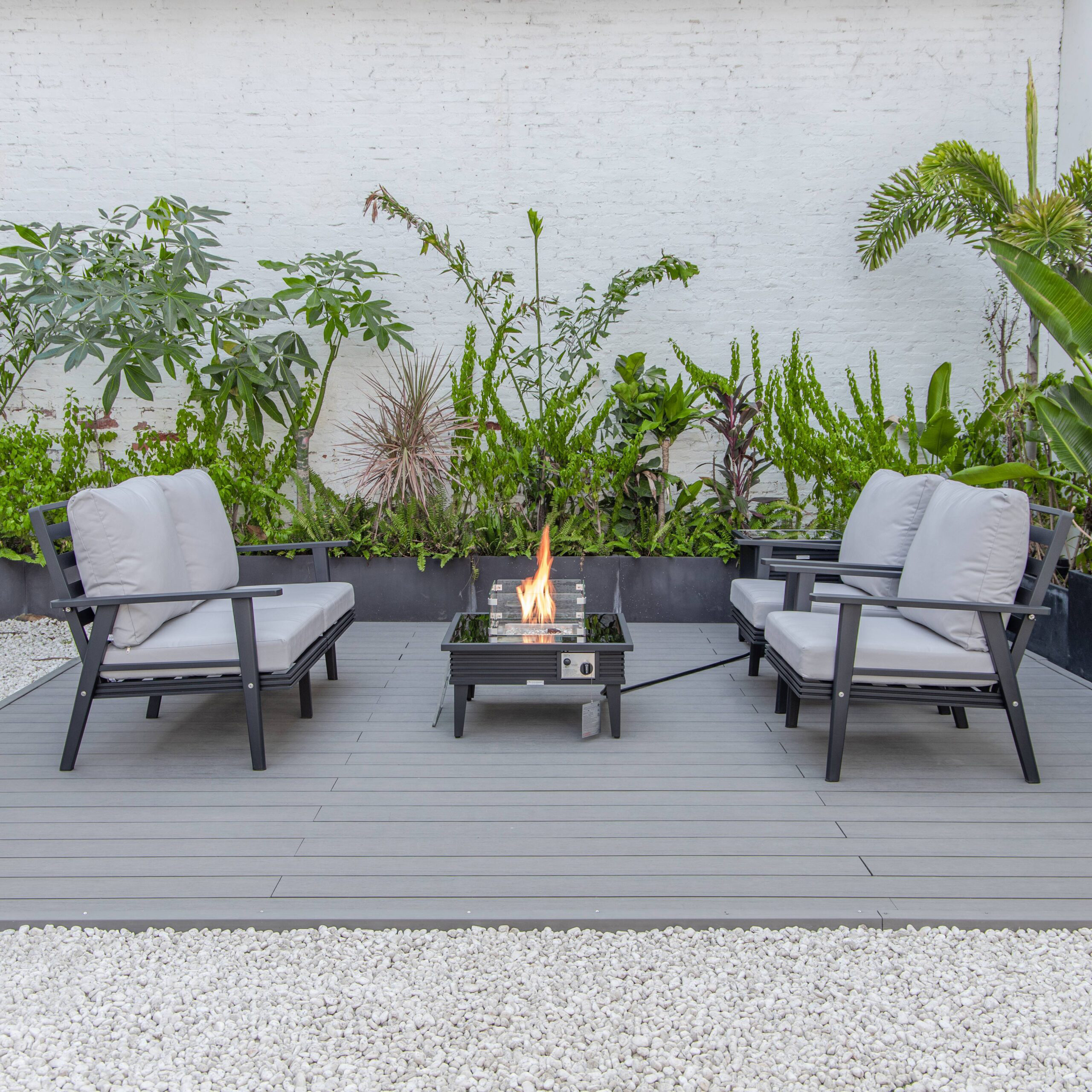 LeisureMod Walbrooke Modern Black Patio Conversation With Square Fire Pit With Slats Design & Tank Holder - Light Gray