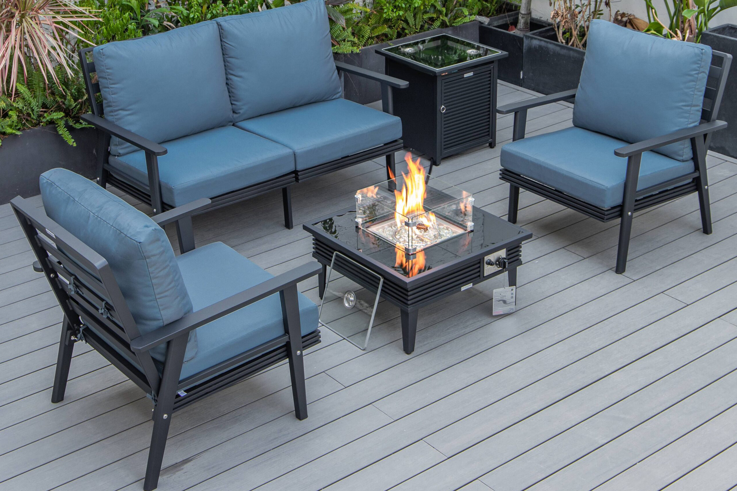 LeisureMod - Walbrooke Modern Black Patio Conversation With Square Fire Pit With Slats Design & Tank Holder