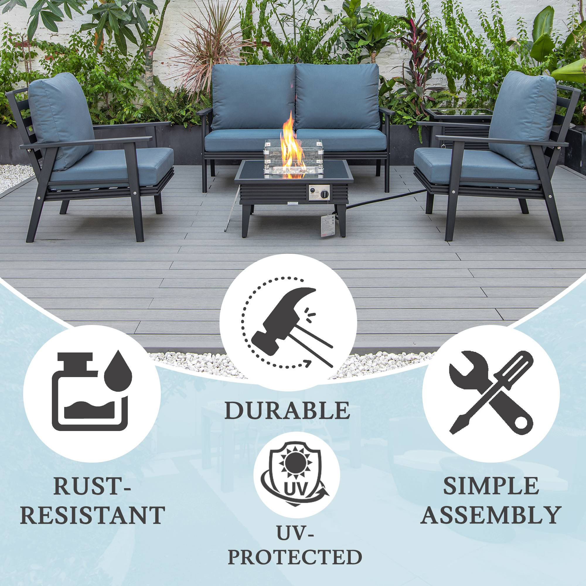 LeisureMod Walbrooke Modern Black Patio Conversation With Square Fire Pit With Slats Design & Tank Holder - Navy Blue