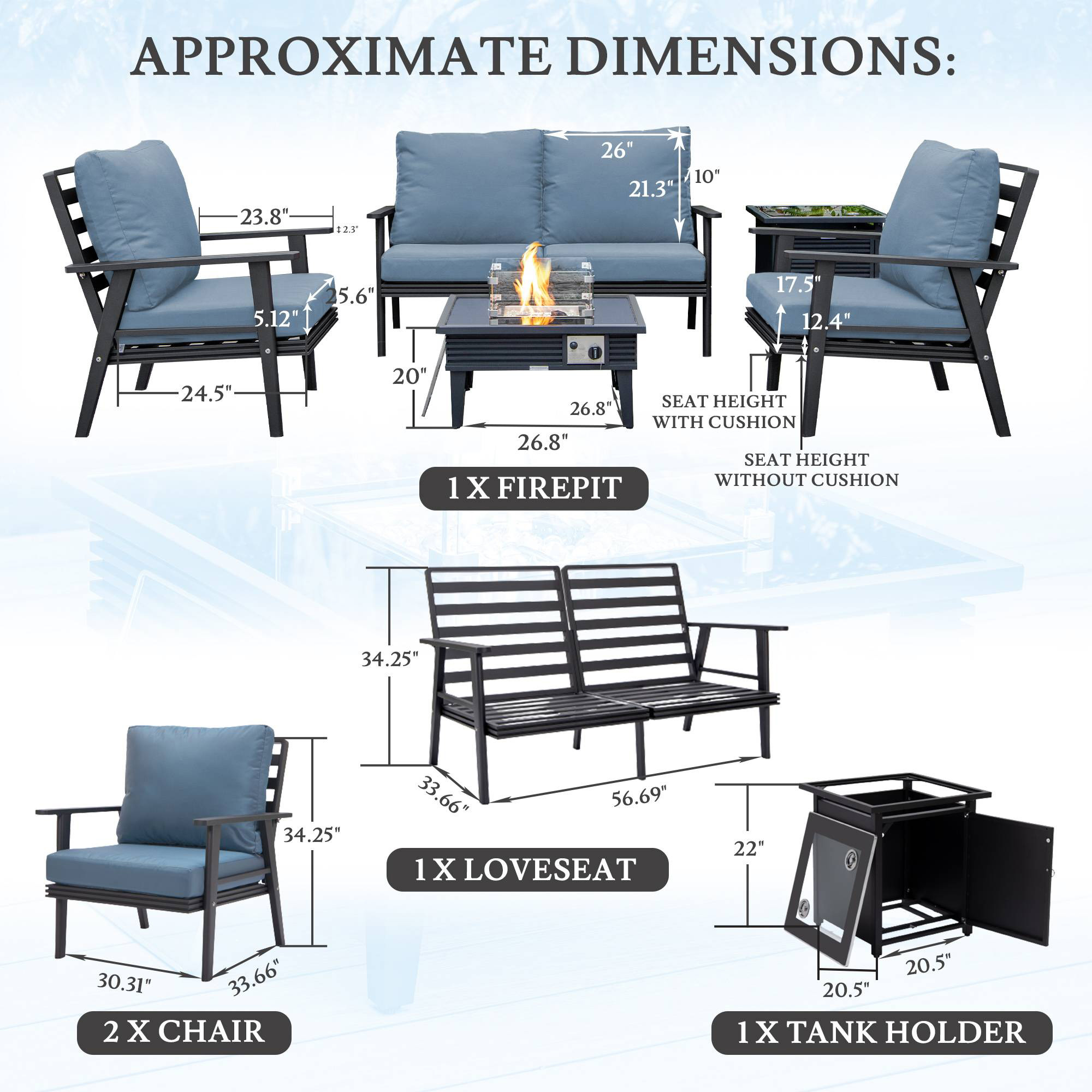 LeisureMod Walbrooke Modern Black Patio Conversation With Square Fire Pit With Slats Design & Tank Holder - Navy Blue