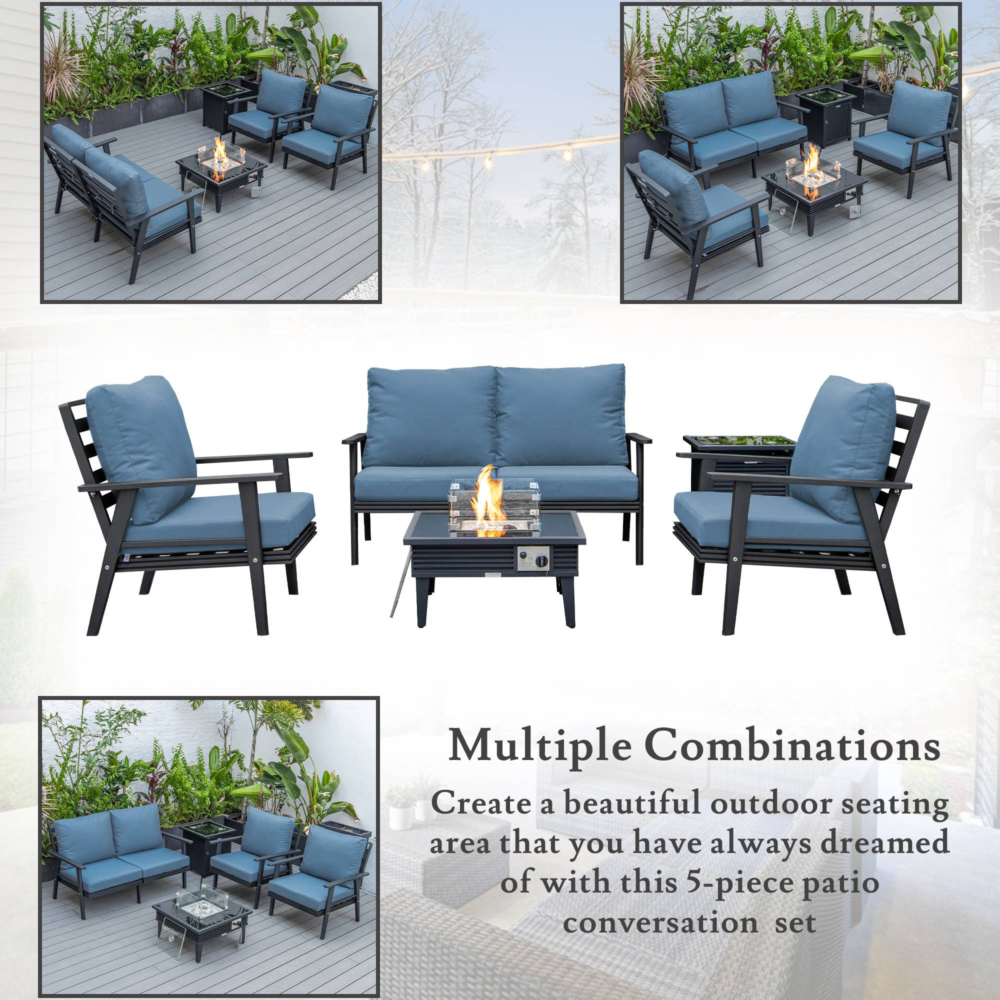 LeisureMod Walbrooke Modern Black Patio Conversation With Square Fire Pit With Slats Design & Tank Holder - Navy Blue
