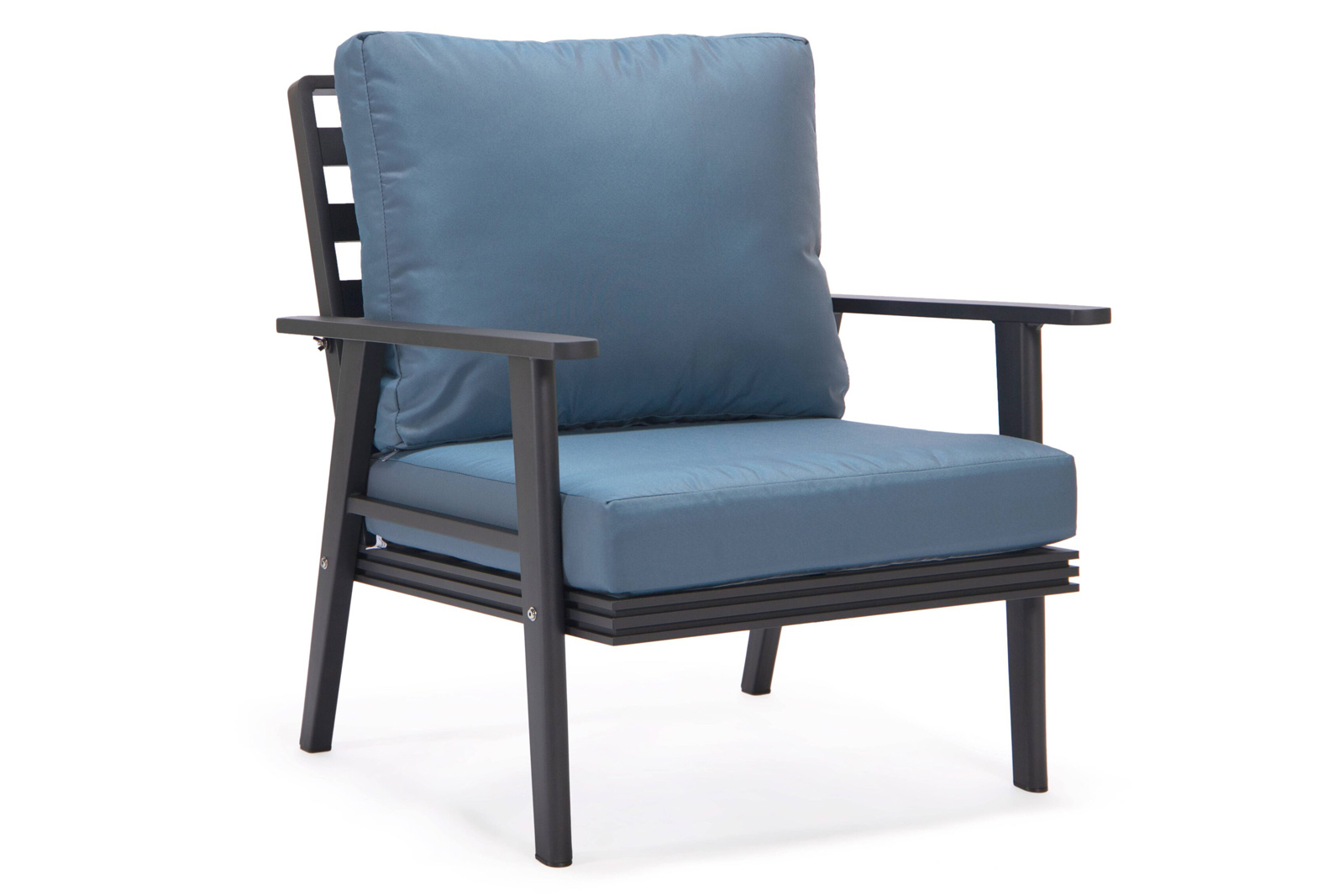 LeisureMod Walbrooke Modern Black Patio Conversation With Square Fire Pit With Slats Design & Tank Holder - Navy Blue
