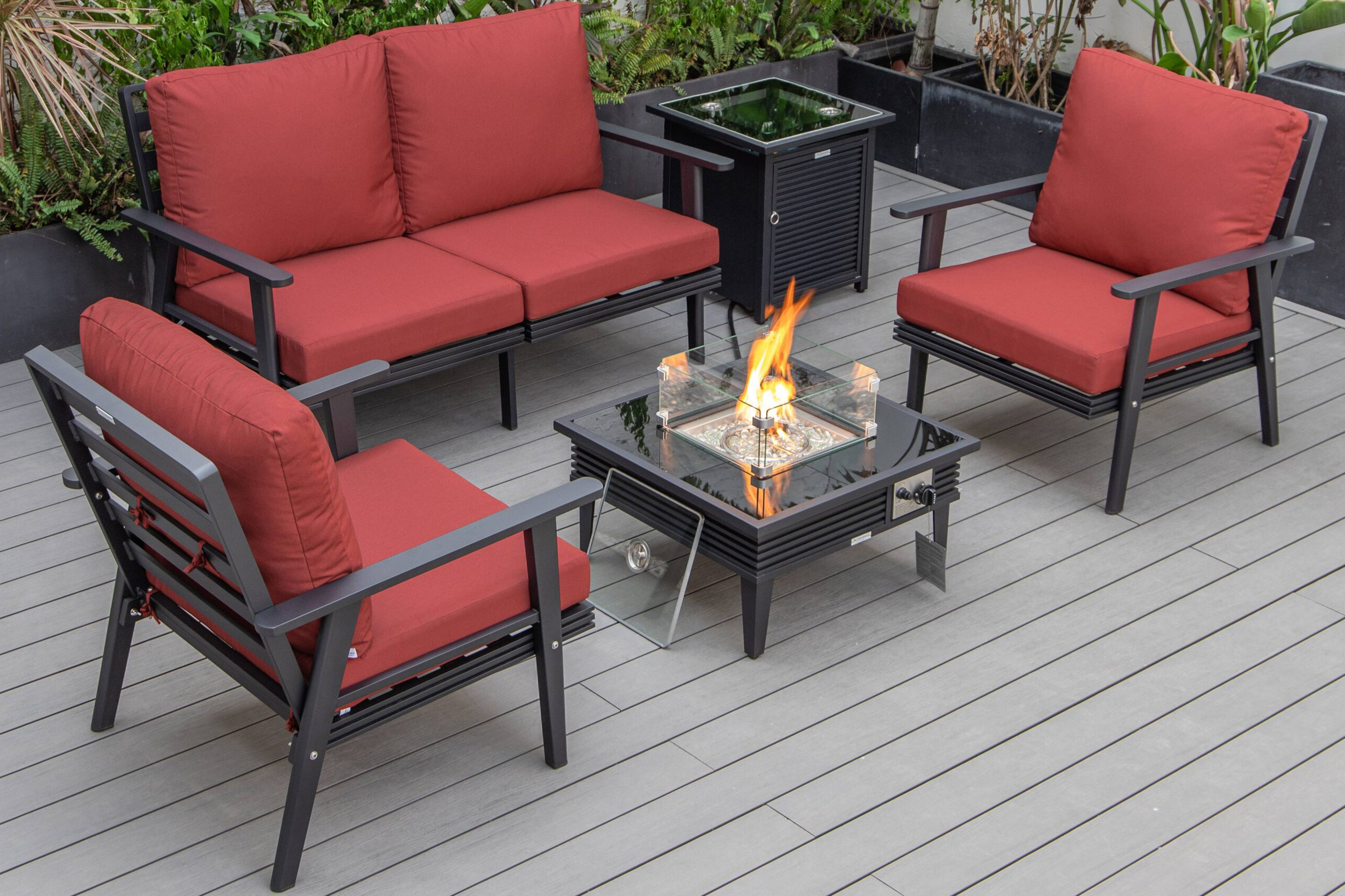 LeisureMod - Walbrooke Modern Black Patio Conversation With Square Fire Pit With Slats Design & Tank Holder