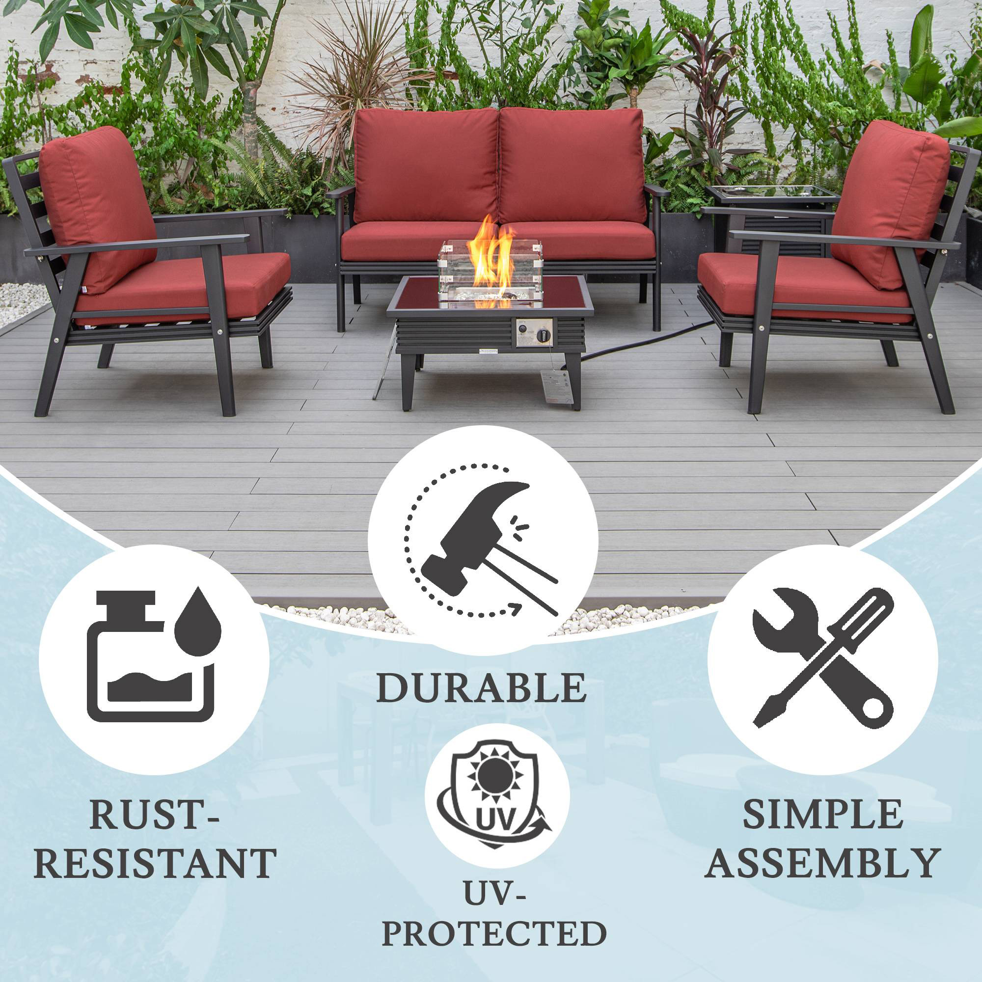 LeisureMod Walbrooke Modern Black Patio Conversation With Square Fire Pit With Slats Design & Tank Holder - Red