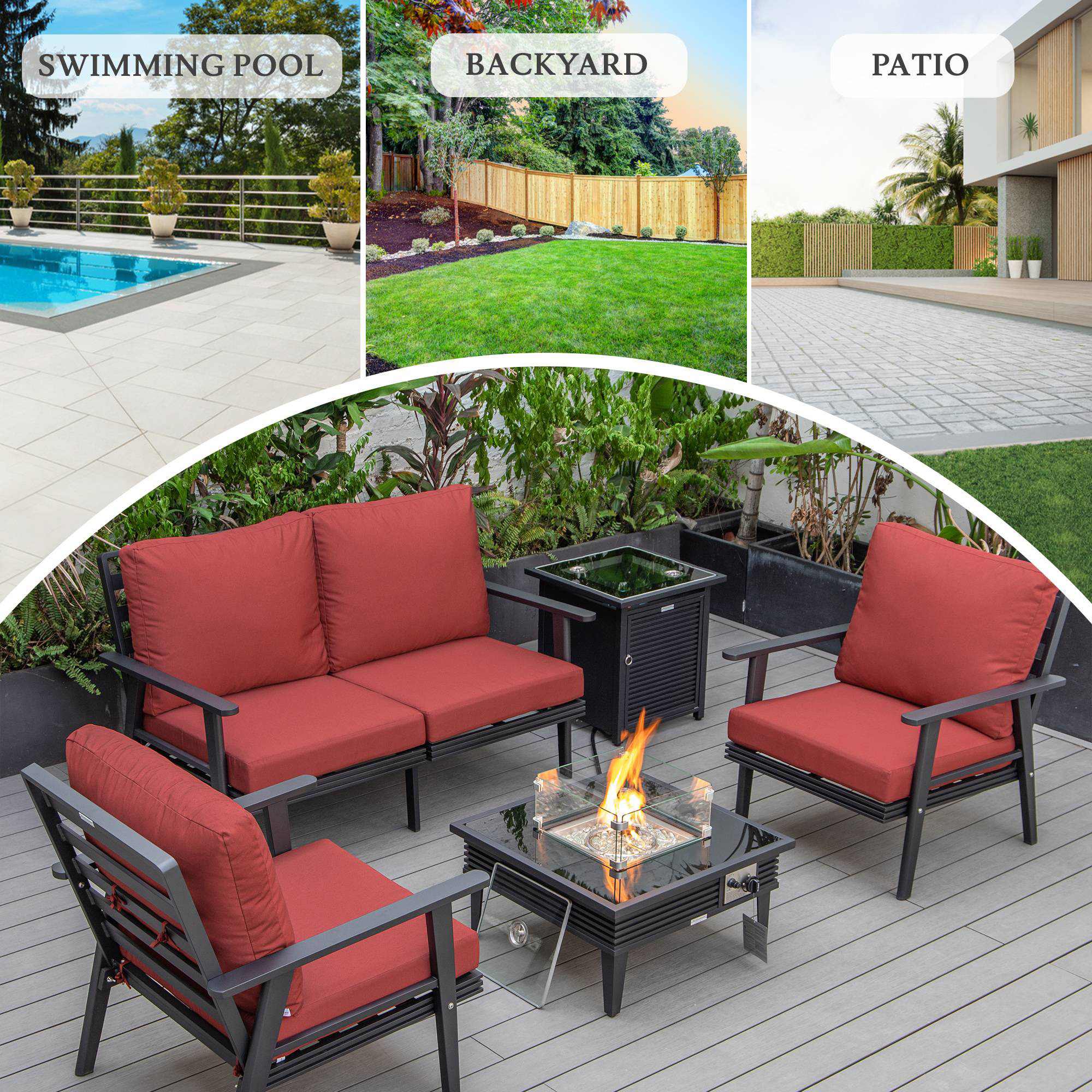 LeisureMod Walbrooke Modern Black Patio Conversation With Square Fire Pit With Slats Design & Tank Holder - Red
