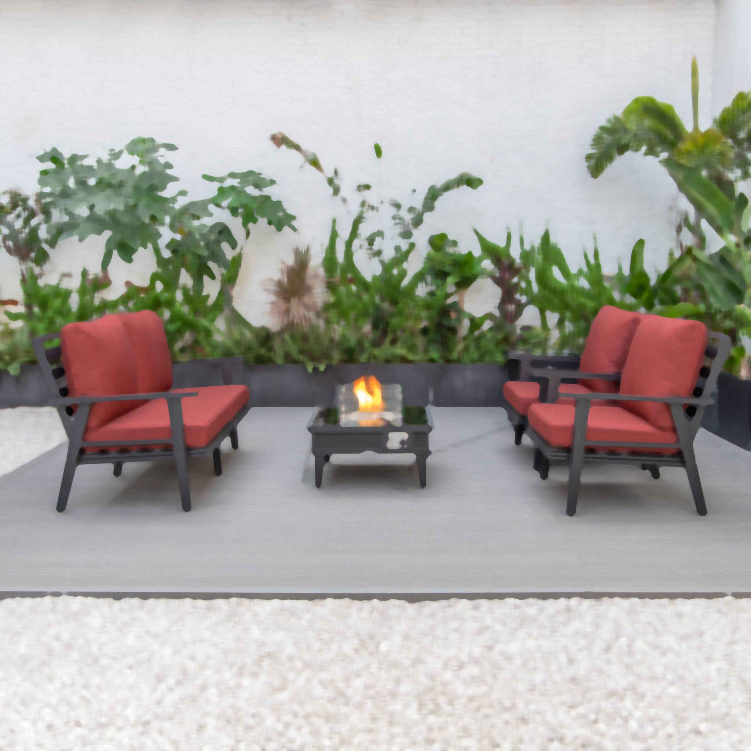 LeisureMod Walbrooke Modern Black Patio Conversation With Square Fire Pit With Slats Design & Tank Holder - Red