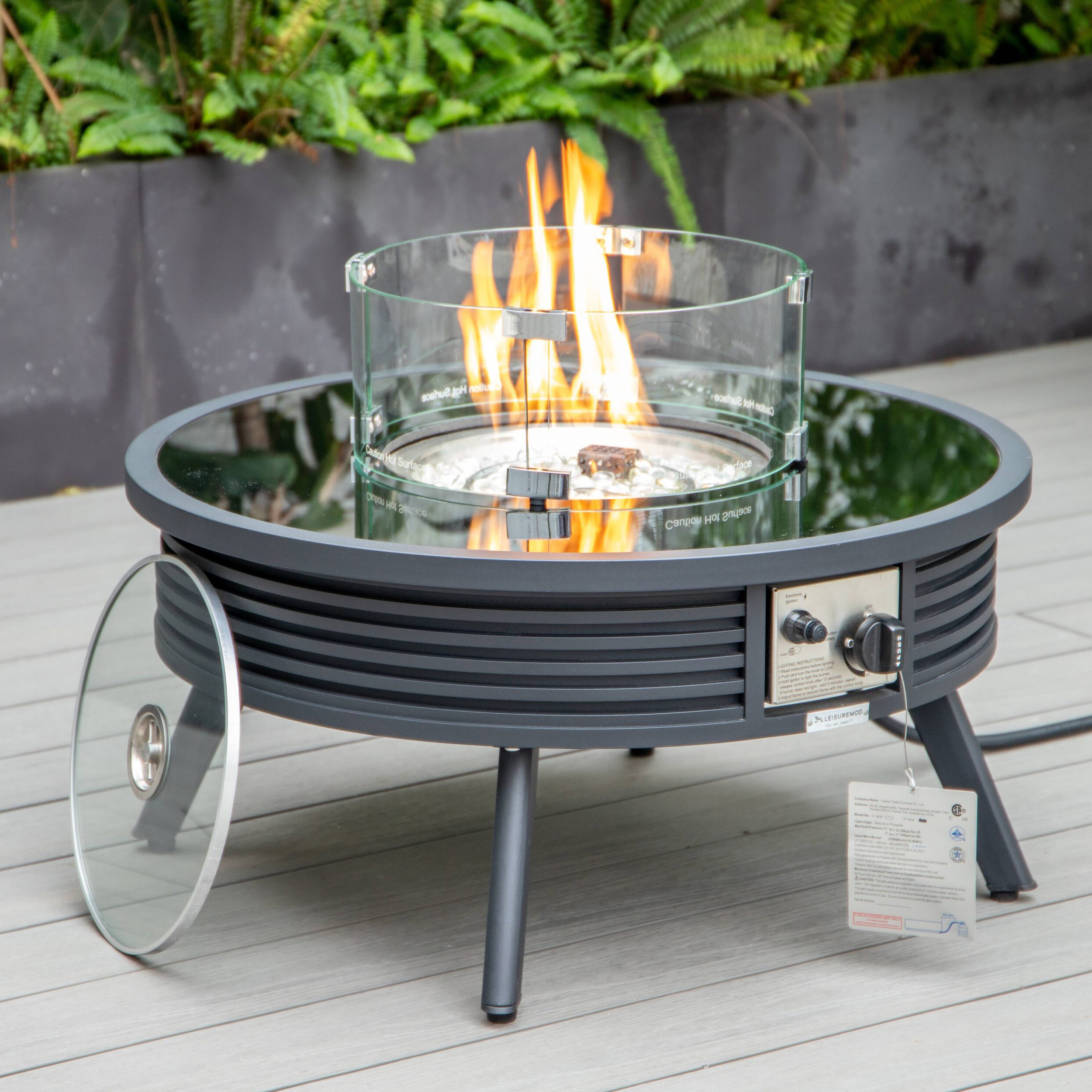 LeisureMod Walbrooke Modern Outdoor Round Fire Pit Table with Powder-Coated Aluminum Frame and Slats Design - Black