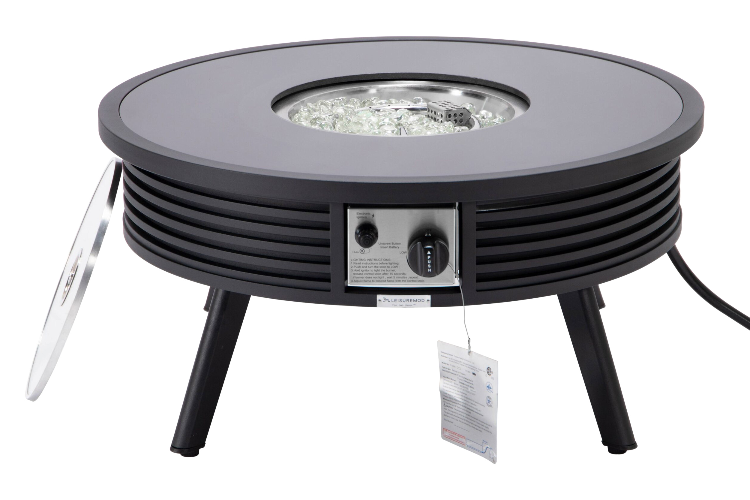 LeisureMod Walbrooke Modern Outdoor Round Fire Pit Table with Powder-Coated Aluminum Frame and Slats Design - Black