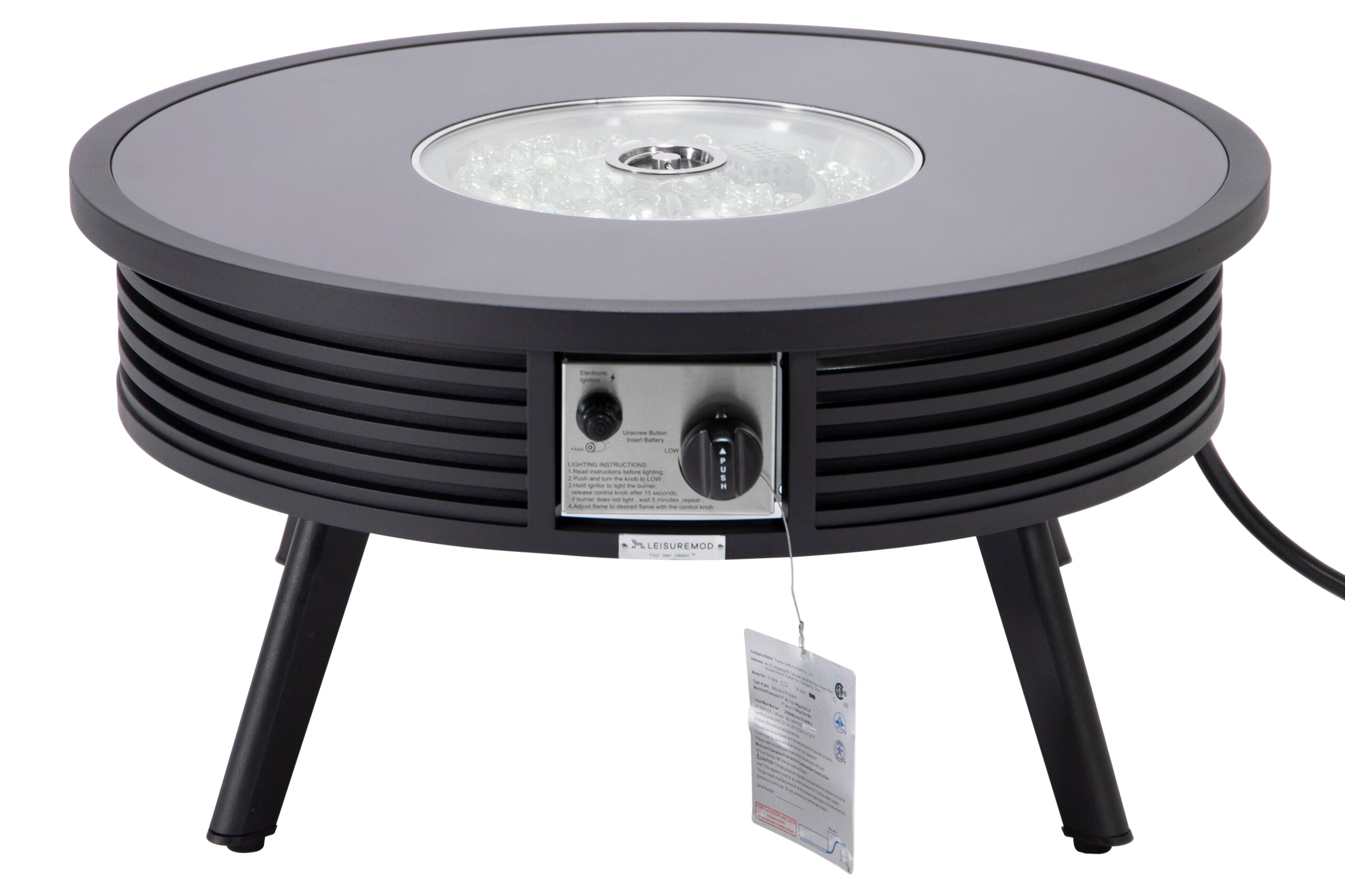 LeisureMod Walbrooke Modern Outdoor Round Fire Pit Table with Powder-Coated Aluminum Frame and Slats Design - Black