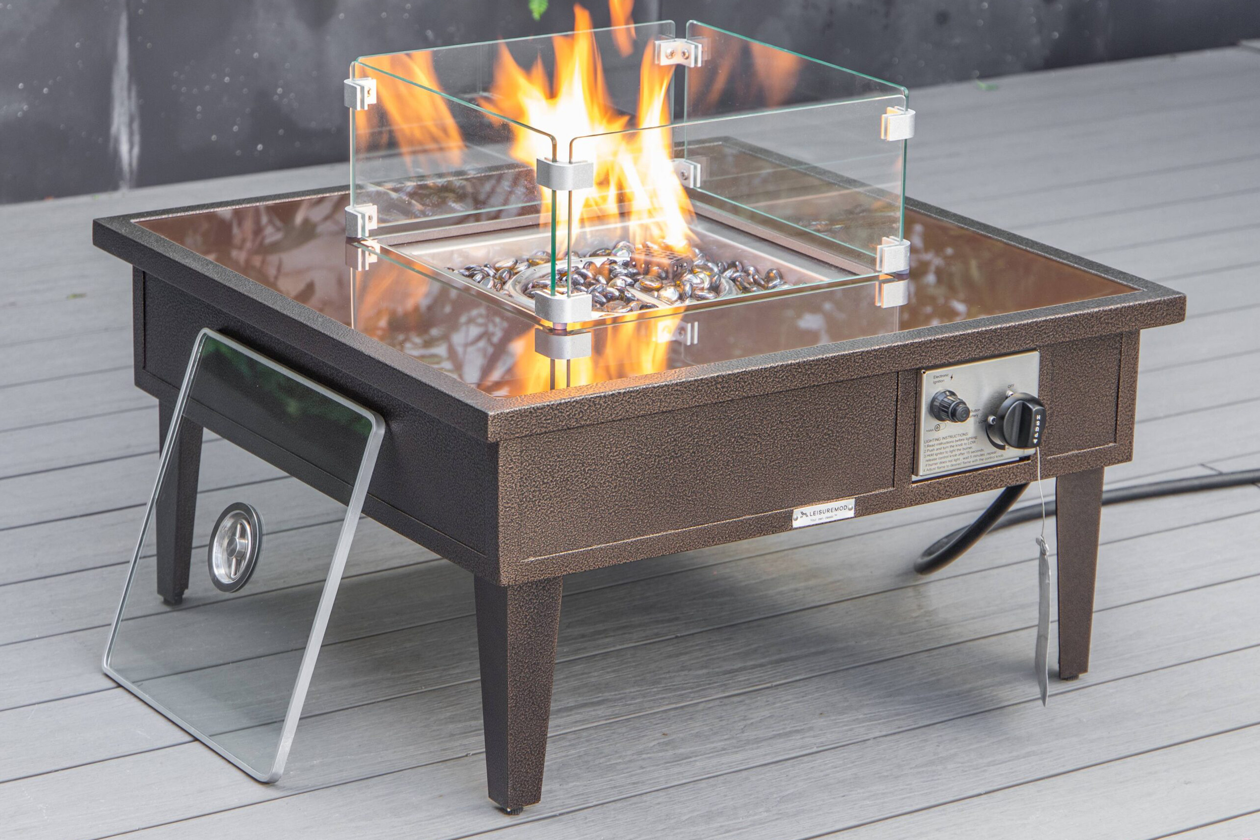LeisureMod Walbrooke Modern Outdoor Square Fire Pit Table with Powder-Coated Aluminum Frame - Brown