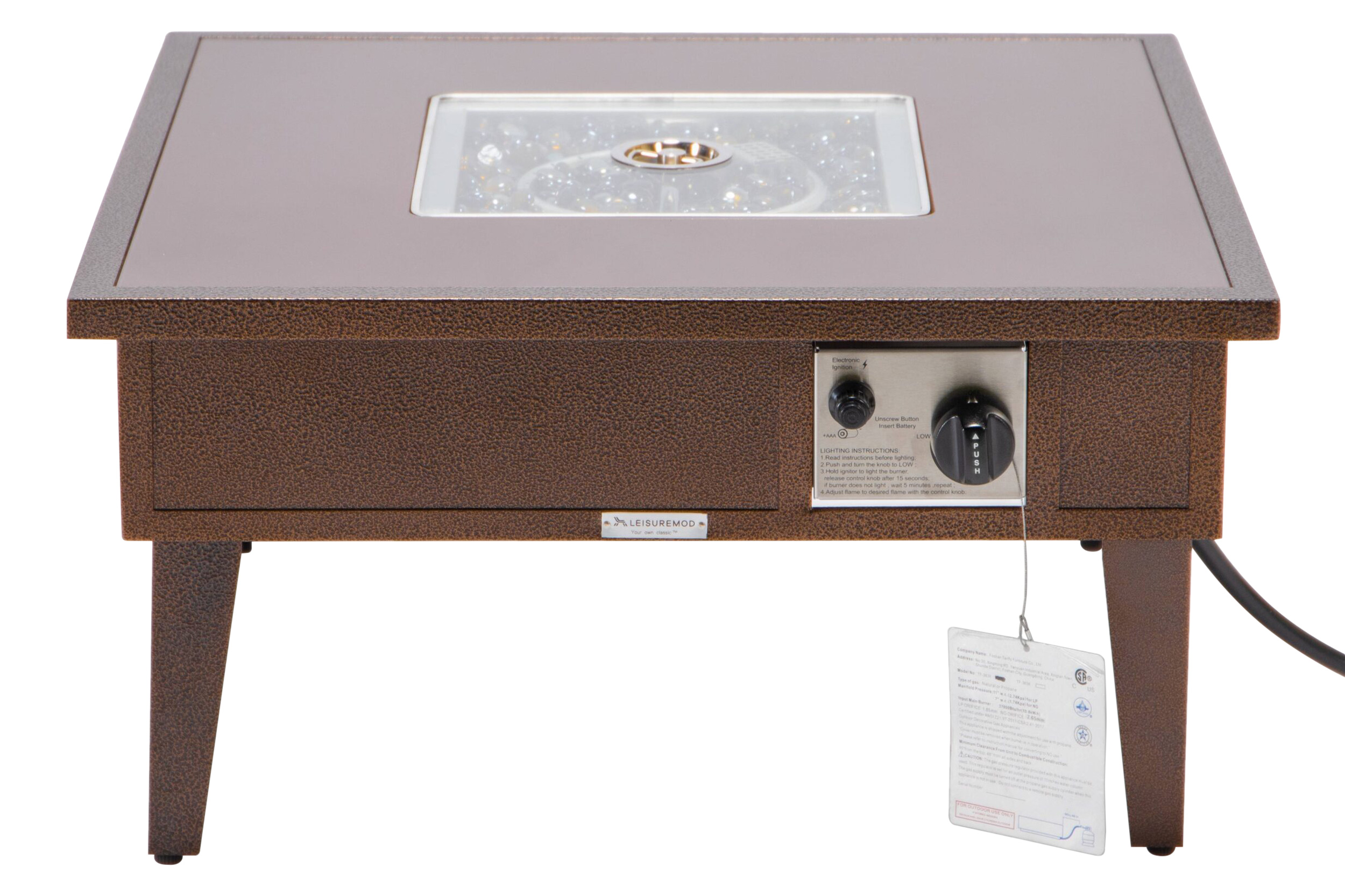 LeisureMod Walbrooke Modern Outdoor Square Fire Pit Table with Powder-Coated Aluminum Frame - Brown