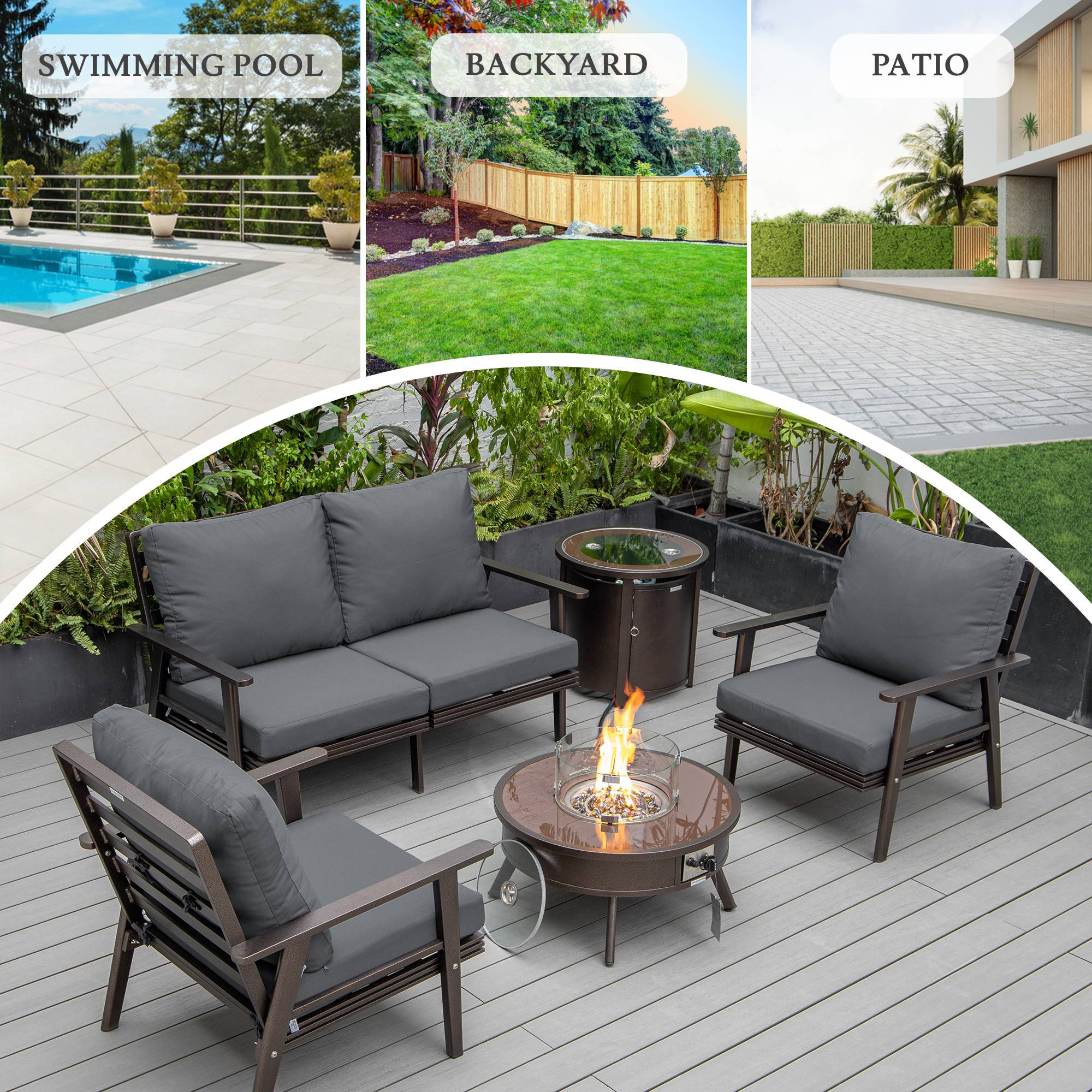 LeisureMod Walbrooke Modern Brown Patio Conversation With Round Fire Pit & Tank Holder - Charcoal