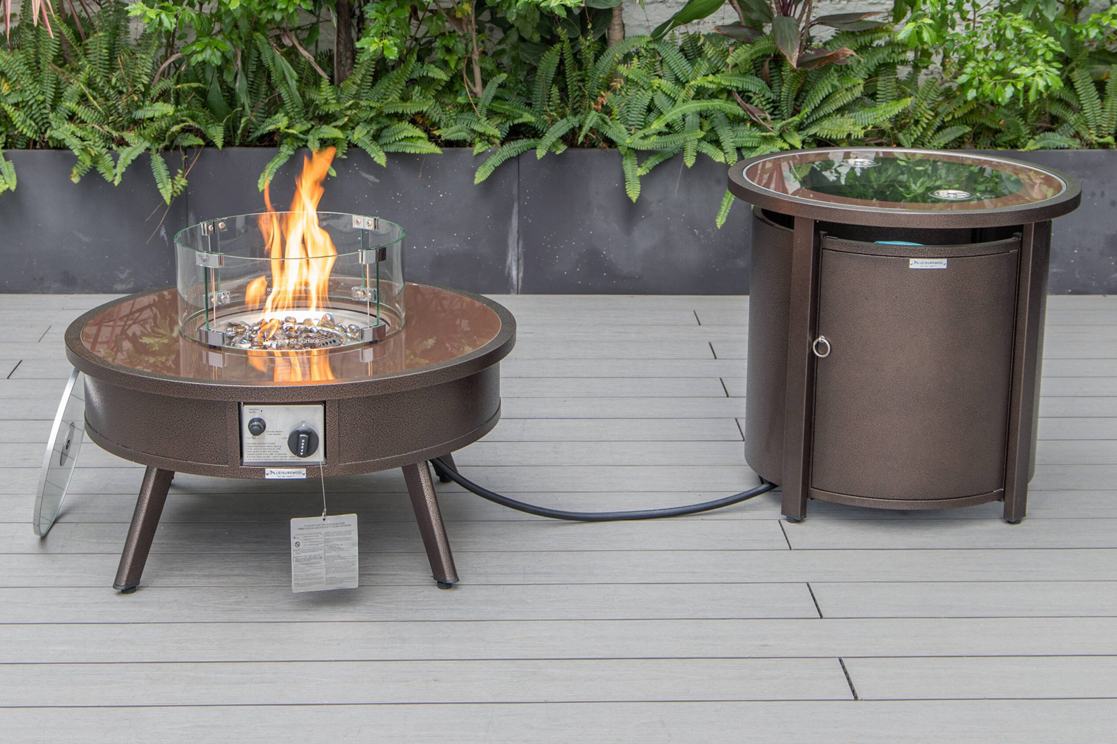 LeisureMod Walbrooke Modern Brown Patio Conversation With Round Fire Pit & Tank Holder - Charcoal