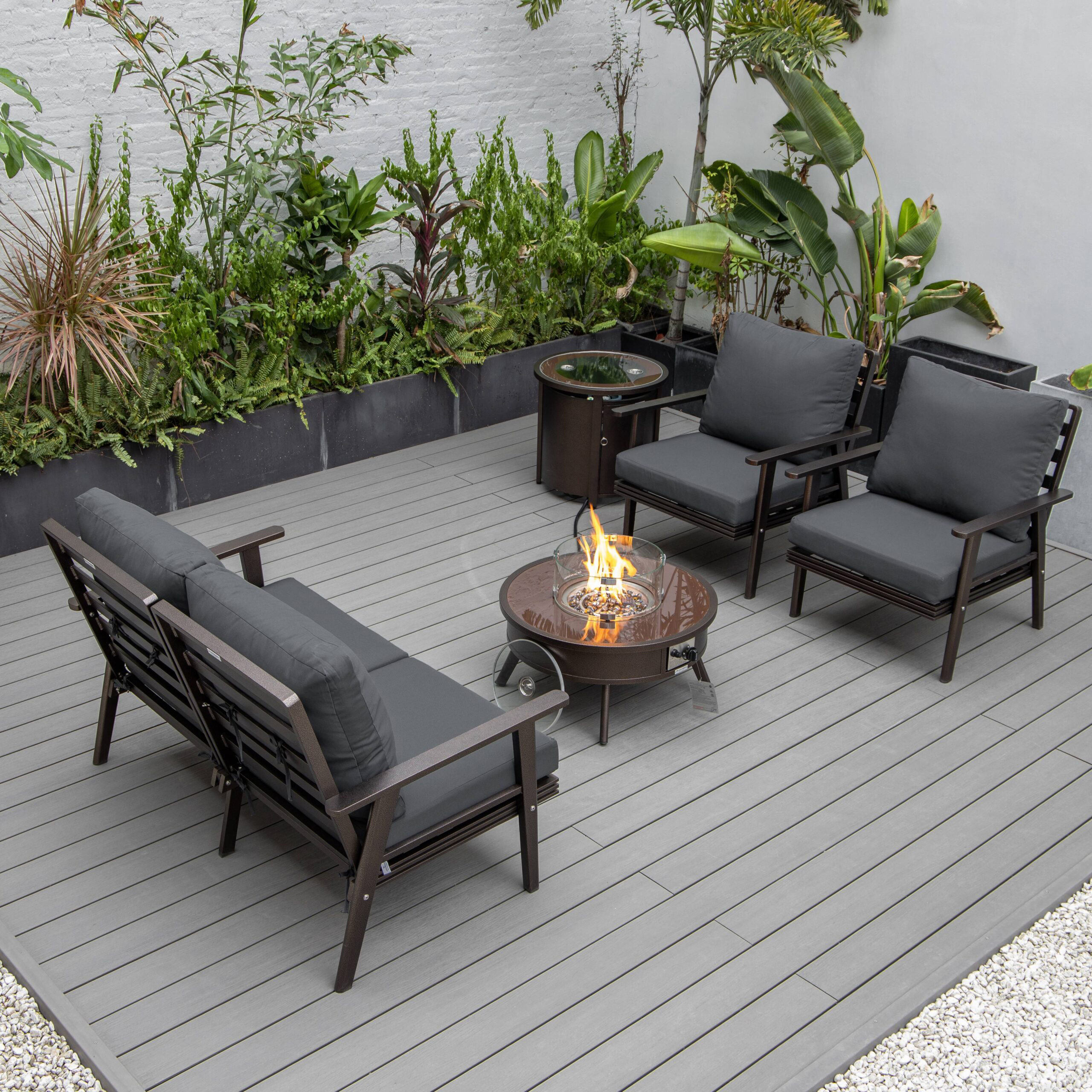 LeisureMod Walbrooke Modern Brown Patio Conversation With Round Fire Pit & Tank Holder - Charcoal