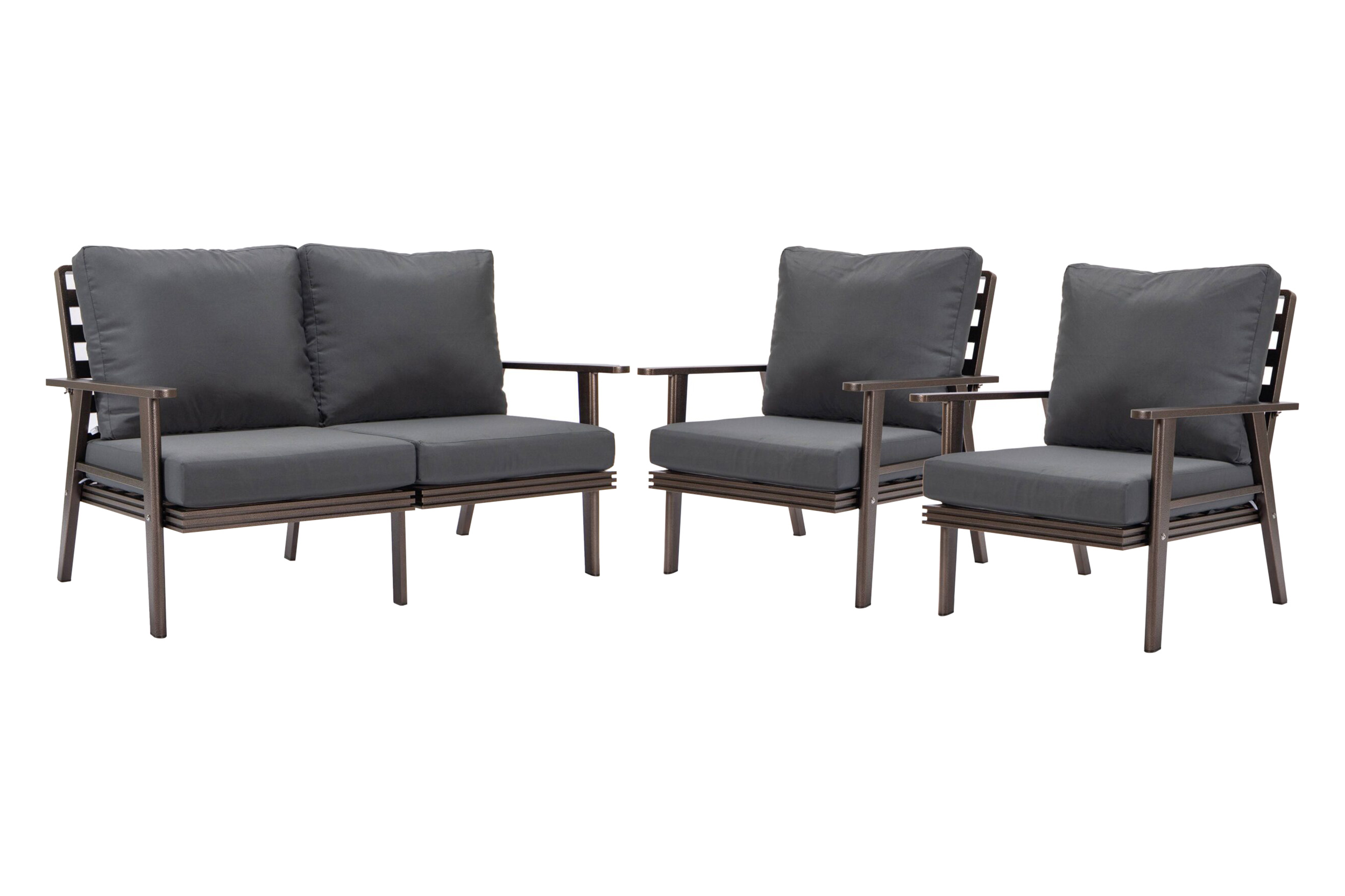 LeisureMod - Walbrooke Modern 3-Piece Outdoor Patio Set with Brown Aluminum Frame