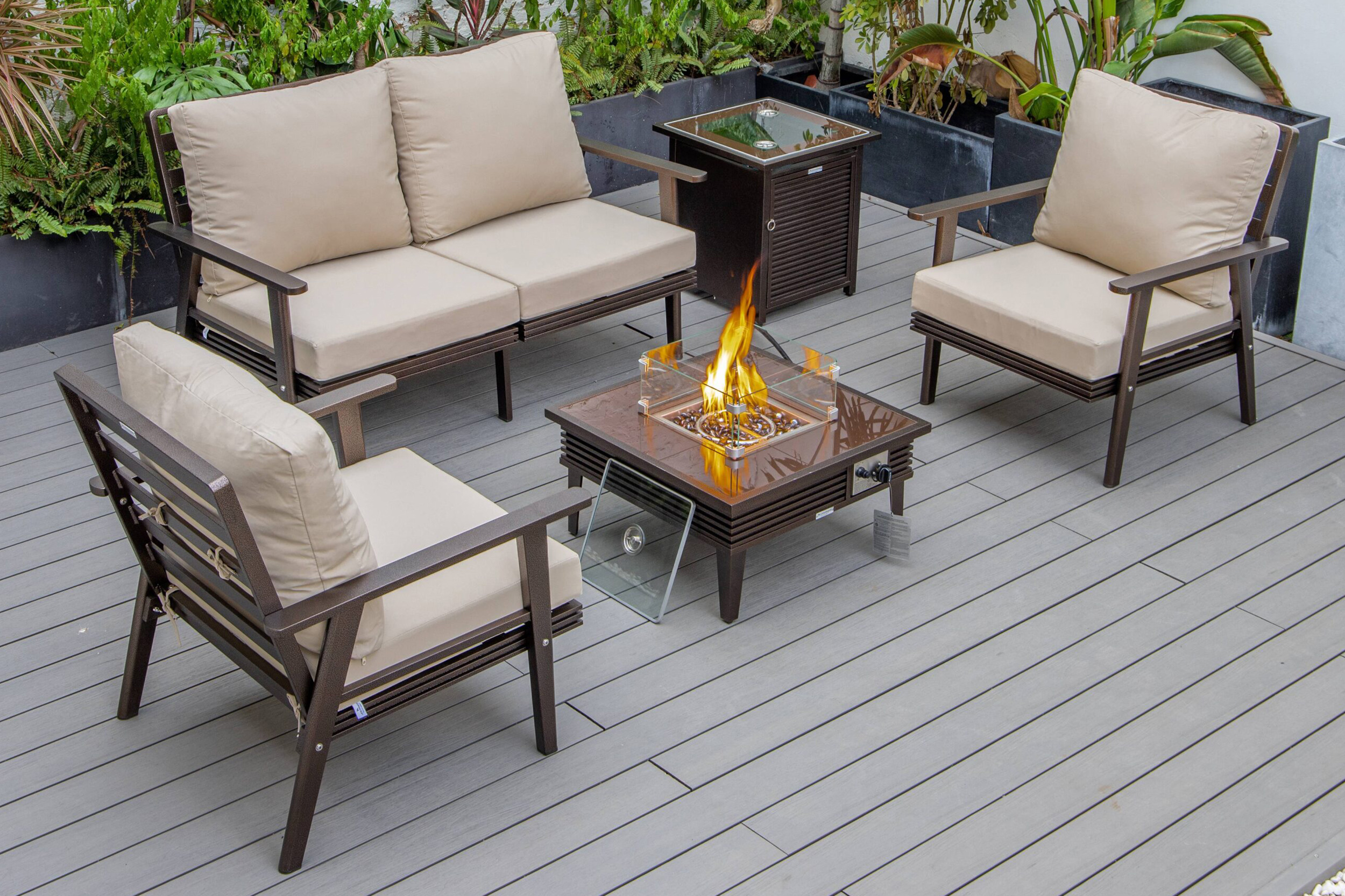 LeisureMod - Walbrooke Modern Black Patio Conversation With Square Fire Pit With Slats Design & Tank Holder
