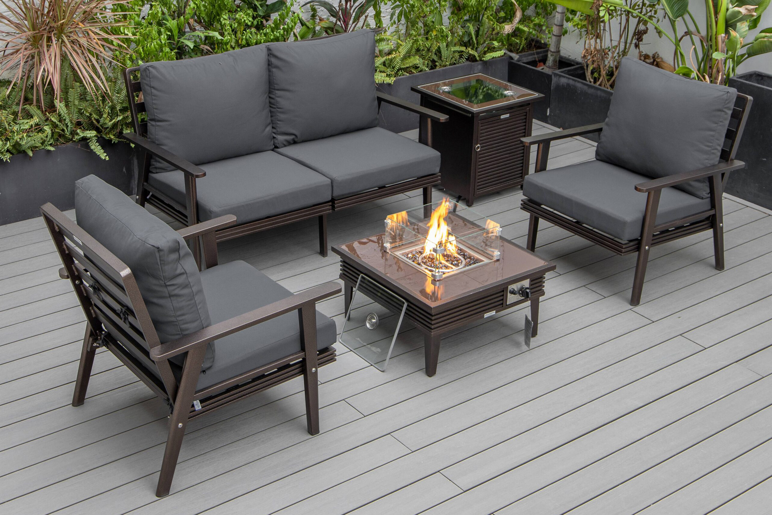 LeisureMod - Walbrooke Modern Black Patio Conversation With Square Fire Pit With Slats Design & Tank Holder
