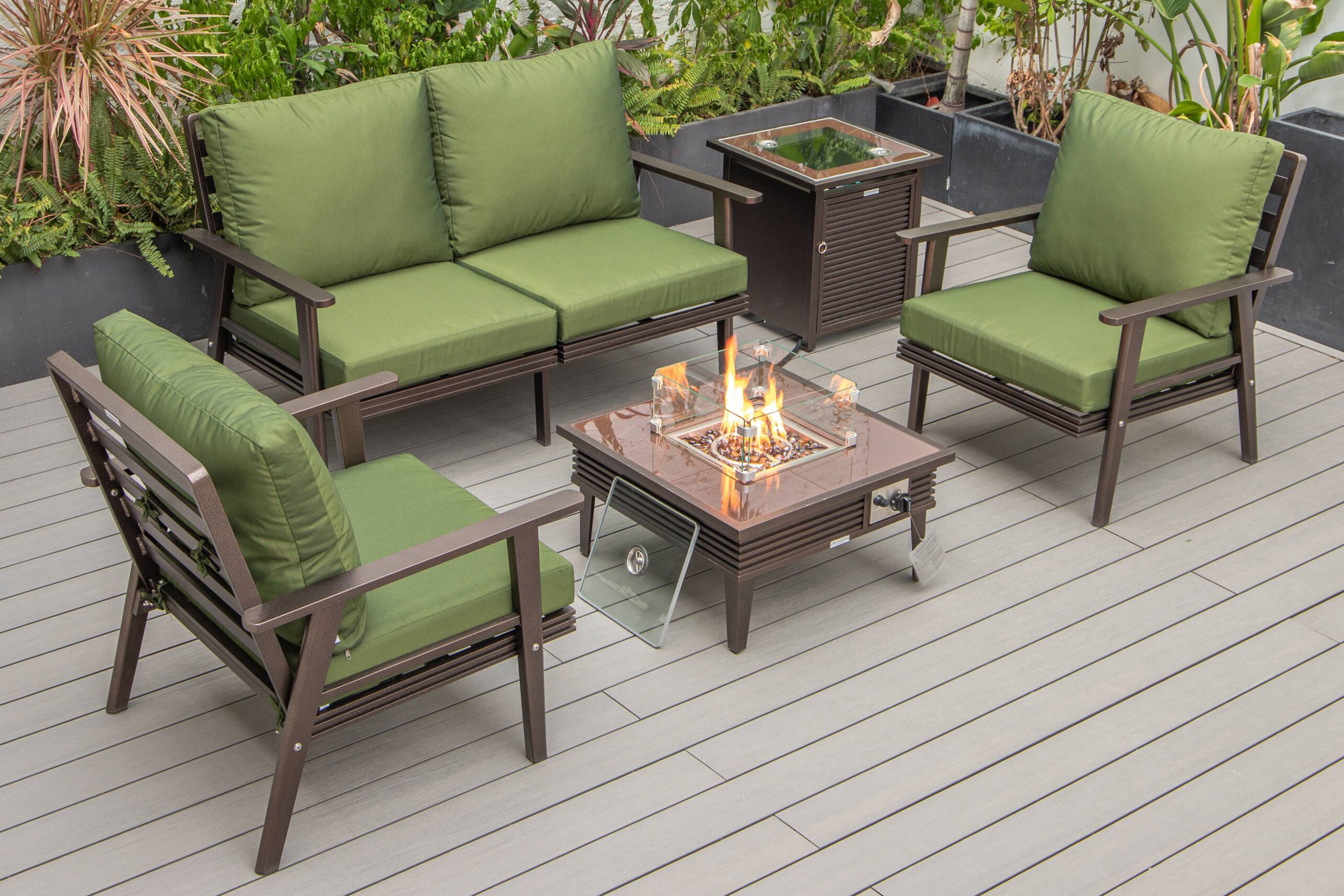 LeisureMod - Walbrooke Modern Black Patio Conversation With Square Fire Pit With Slats Design & Tank Holder