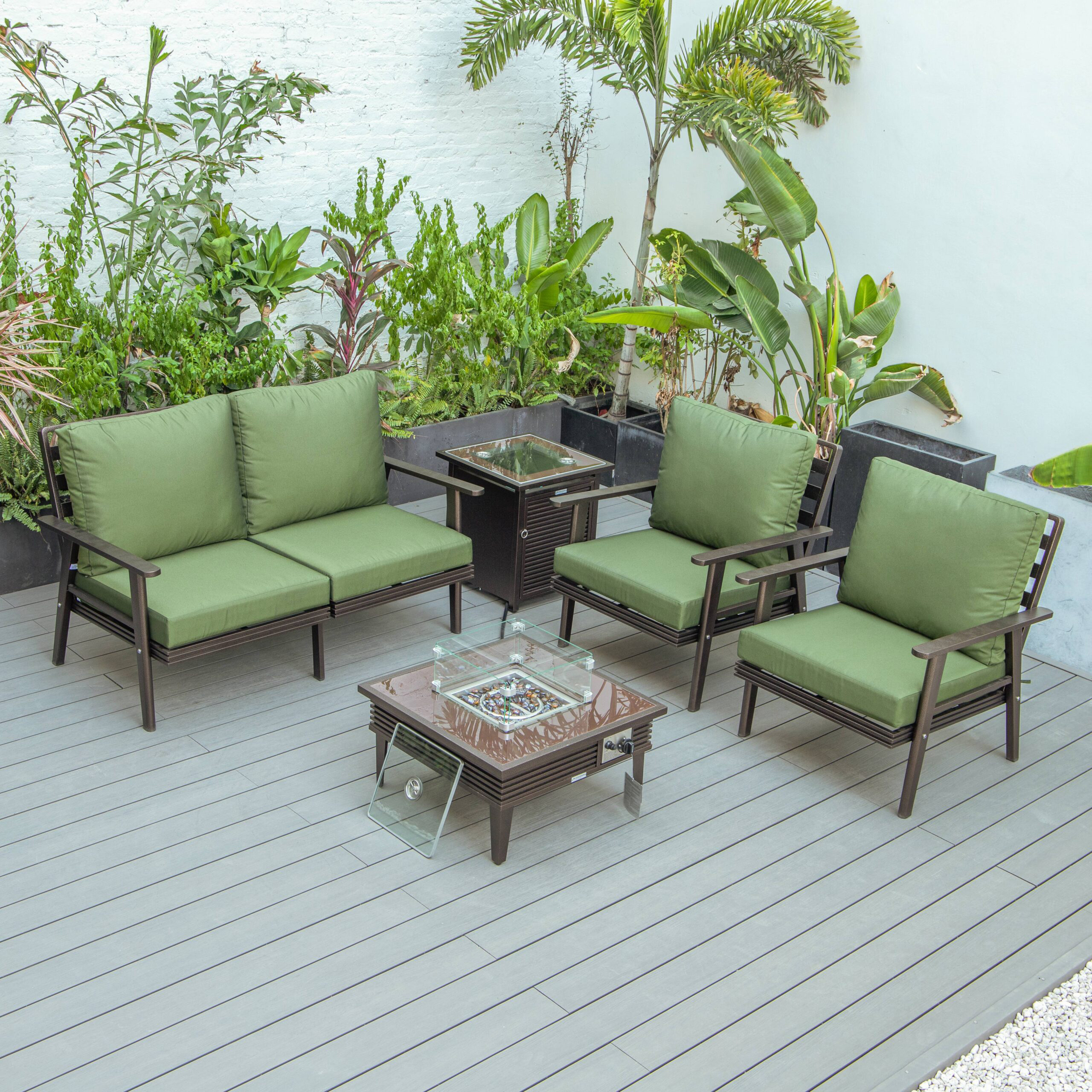 LeisureMod Walbrooke Modern Brown Patio Conversation With Square Fire Pit With Slats Design & Tank Holder - Green
